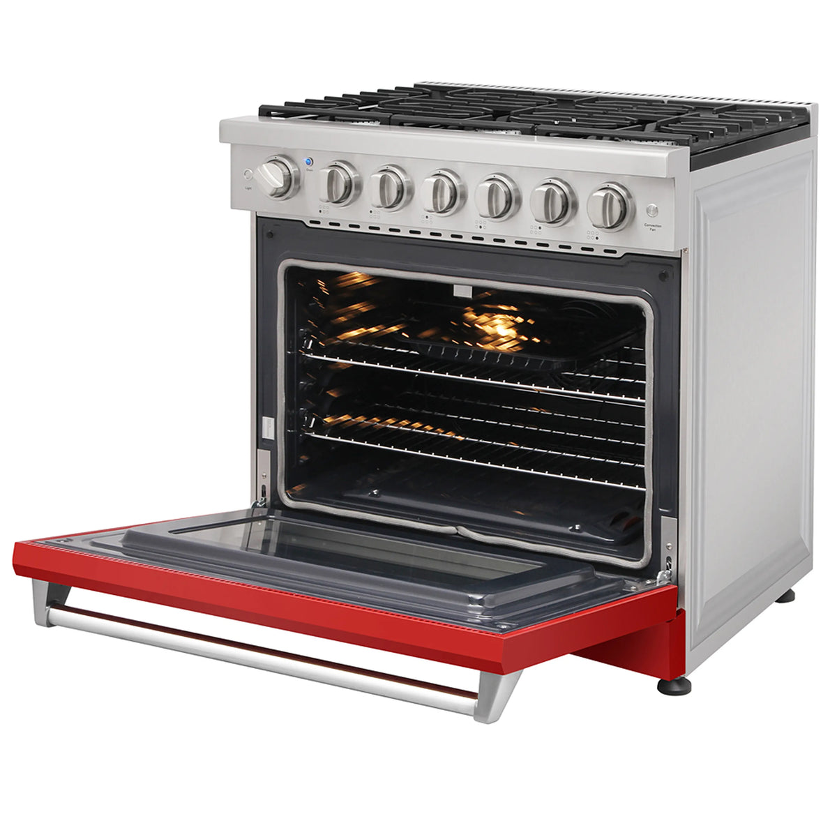 Red and stainless propane gas range with open oven door and six burners