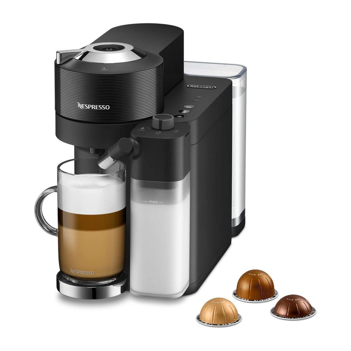 Black coffee machine with milk container and three Nespresso-style capsule pods