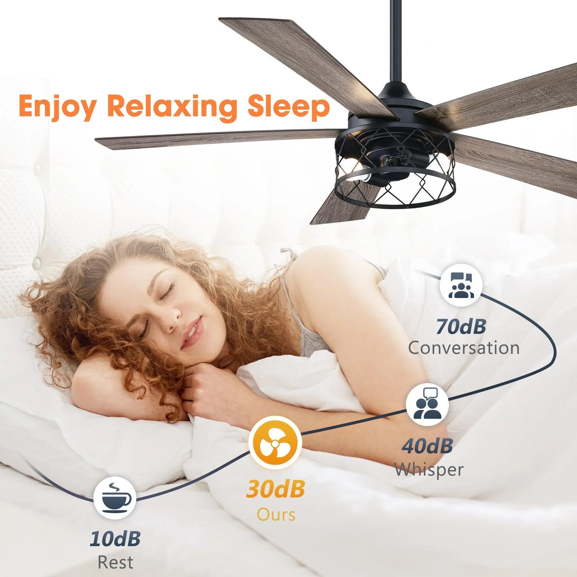 Black ceiling fan with light kit and five wood-grain blades, shown over sleeping person