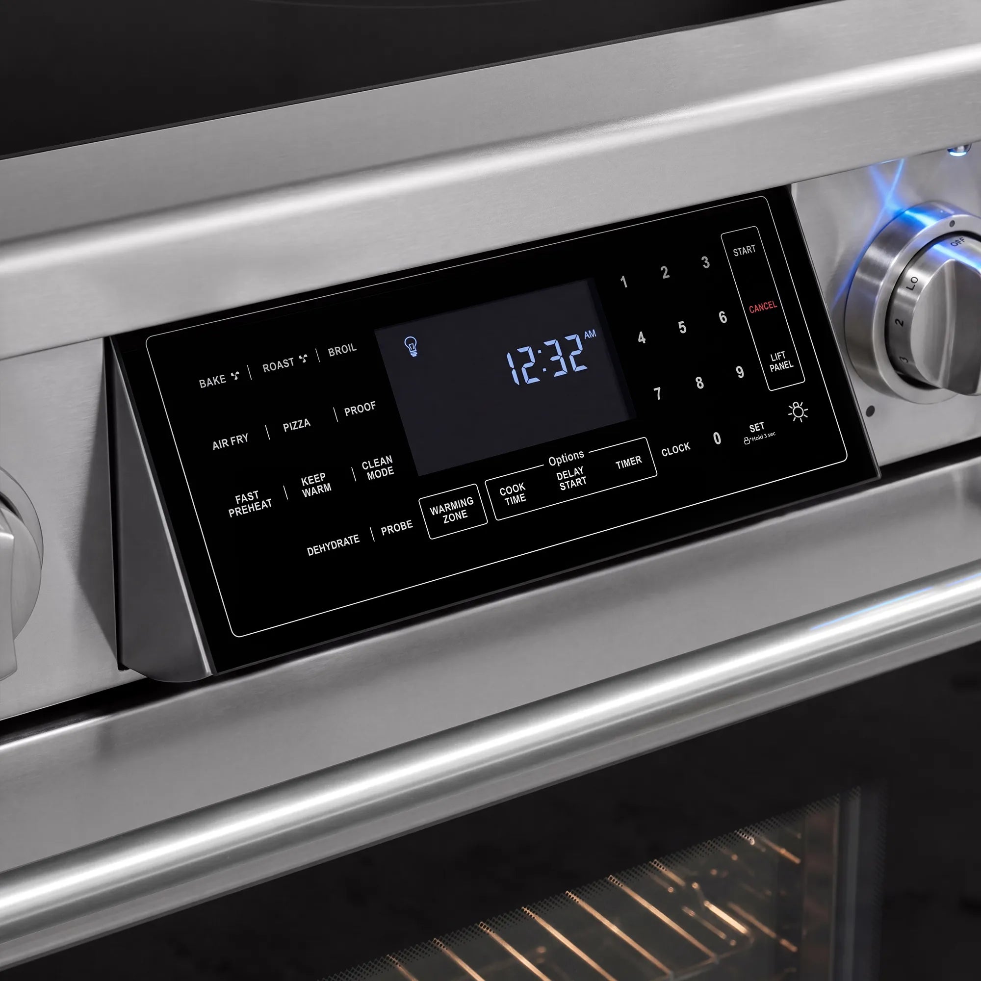 Electric range control panel with digital display and stainless control knobs
