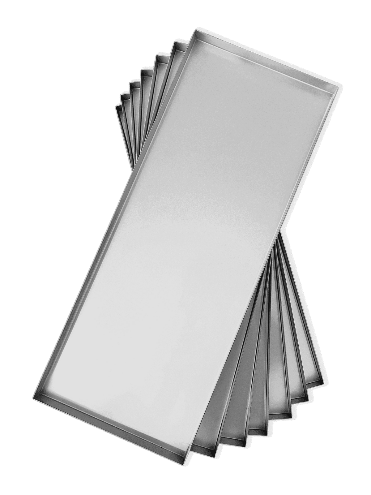 Stack of stainless steel freeze dryer trays, rectangular with shiny metal edges