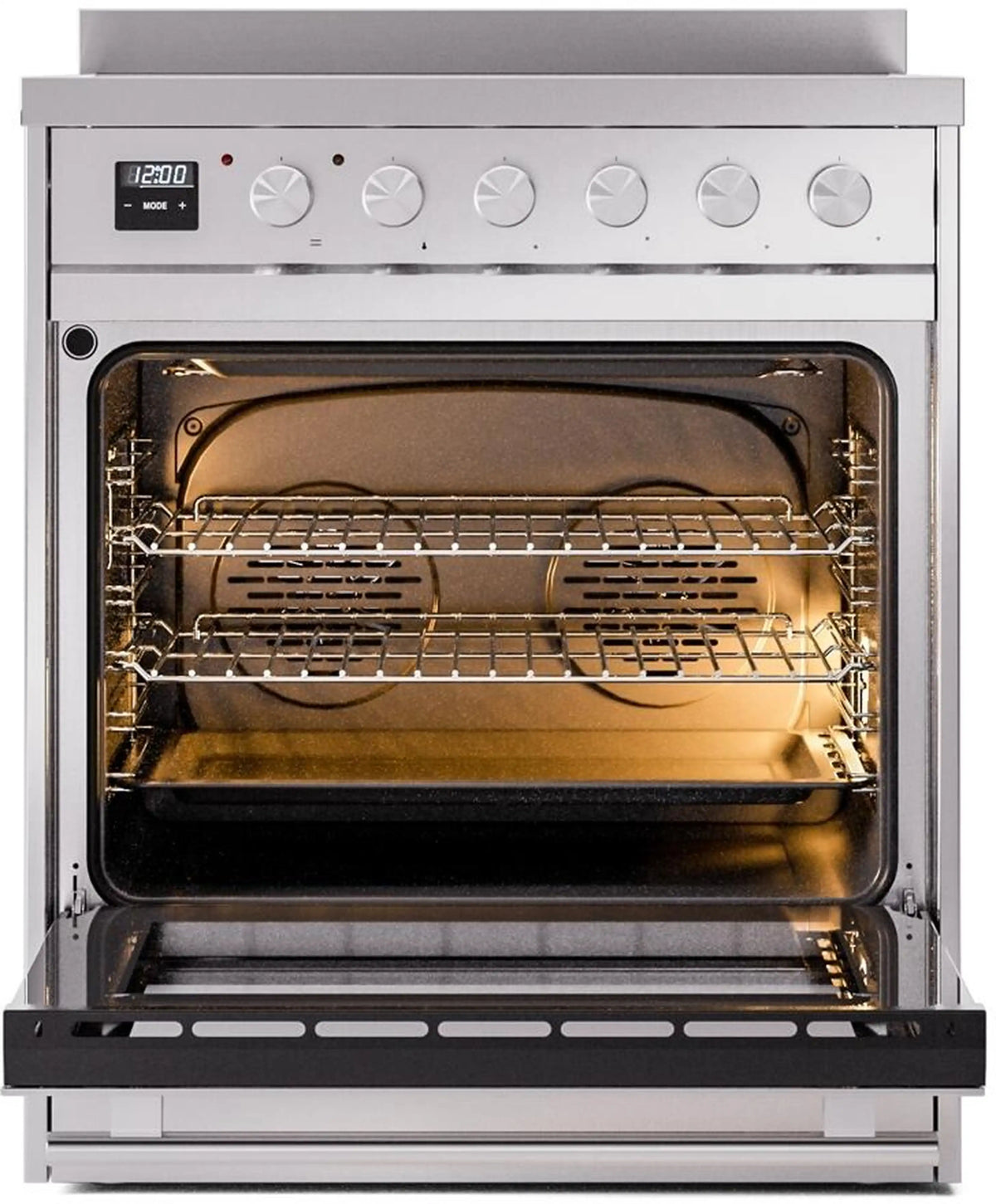Stainless induction range with oven door open, racks and heating interior visible