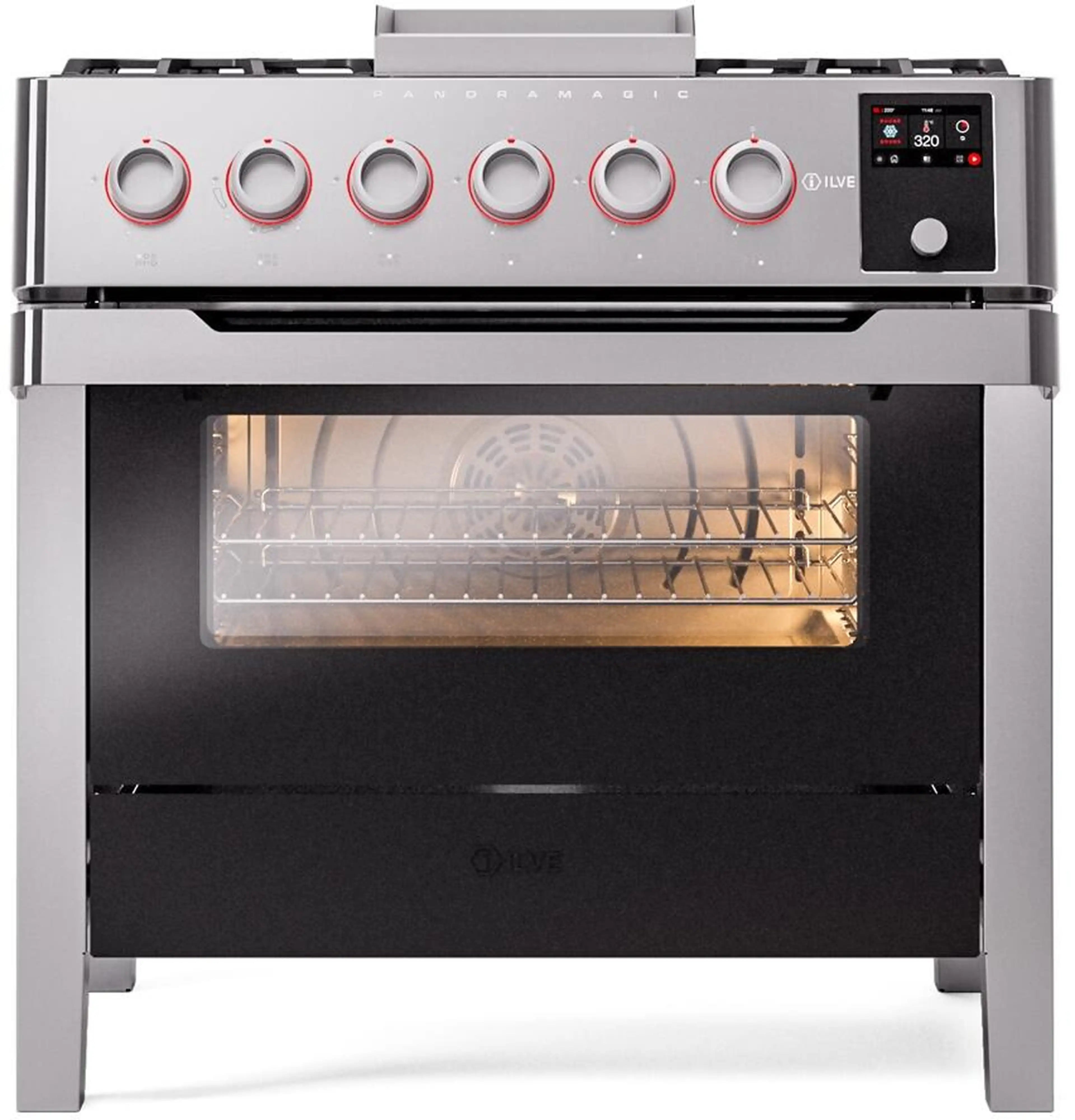 Stainless steel range front with six control knobs and lit oven window