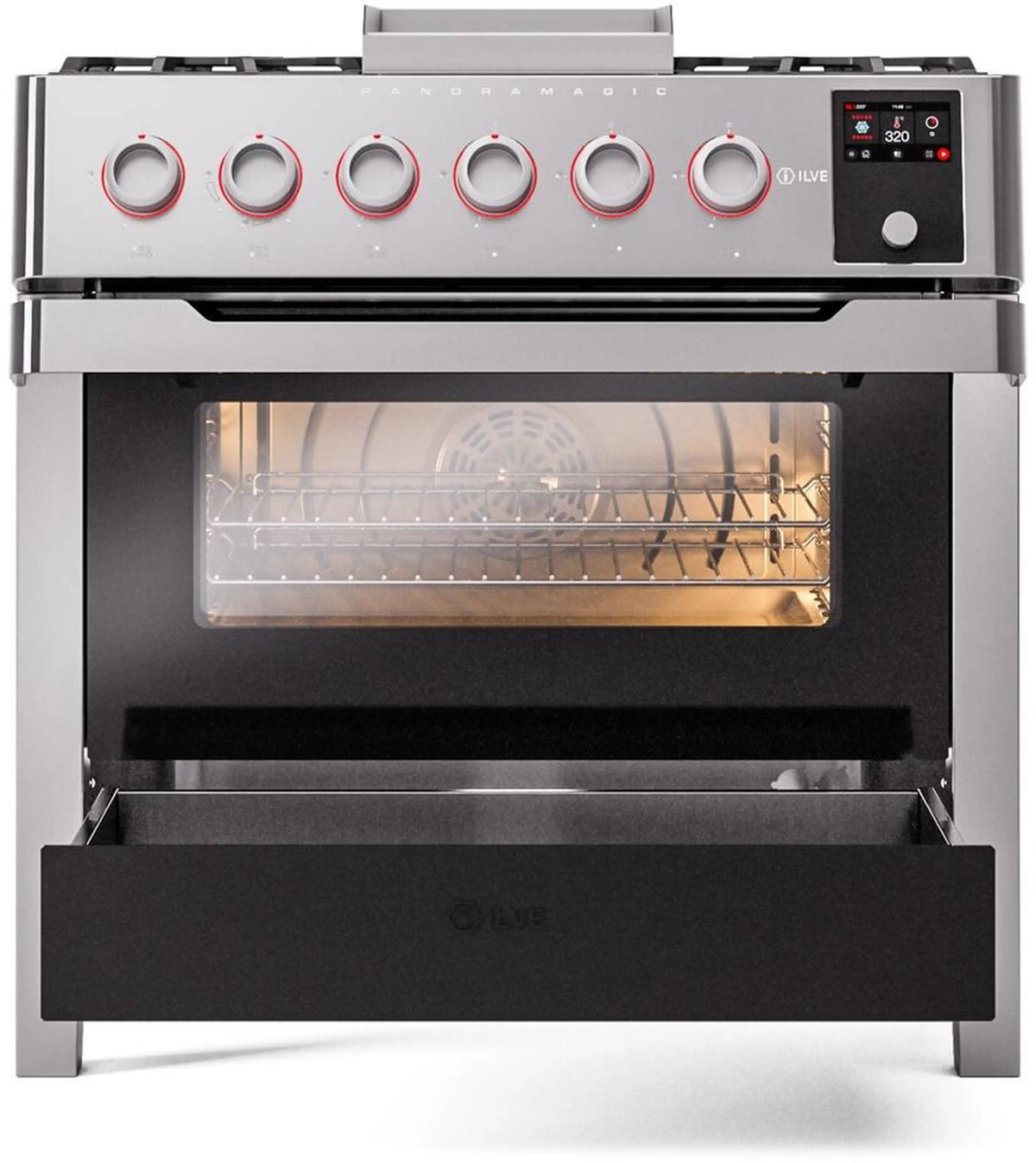 Stainless steel freestanding range with illuminated oven window and control knobs