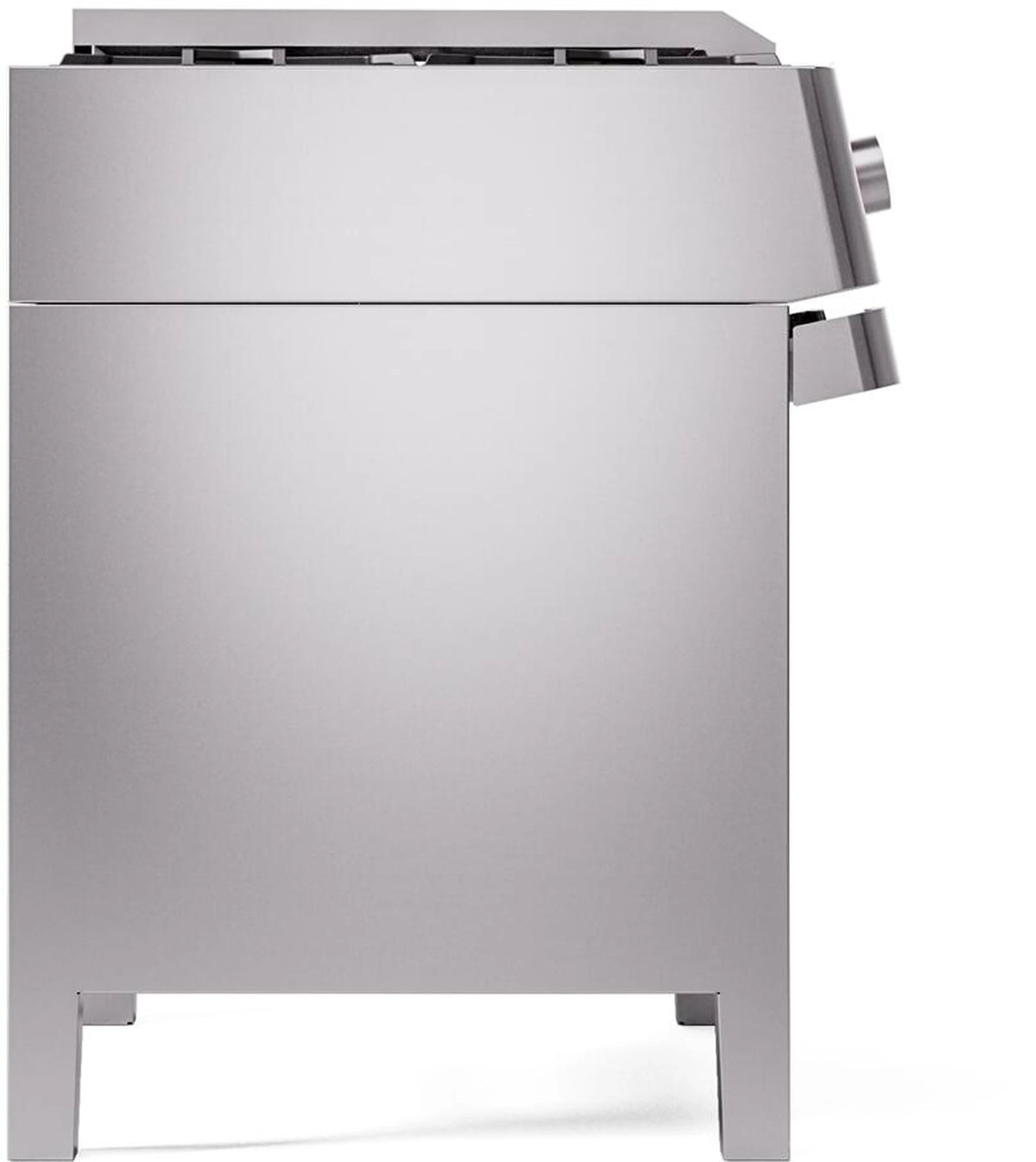 Stainless steel freestanding gas range, angled view of front panel and side handle