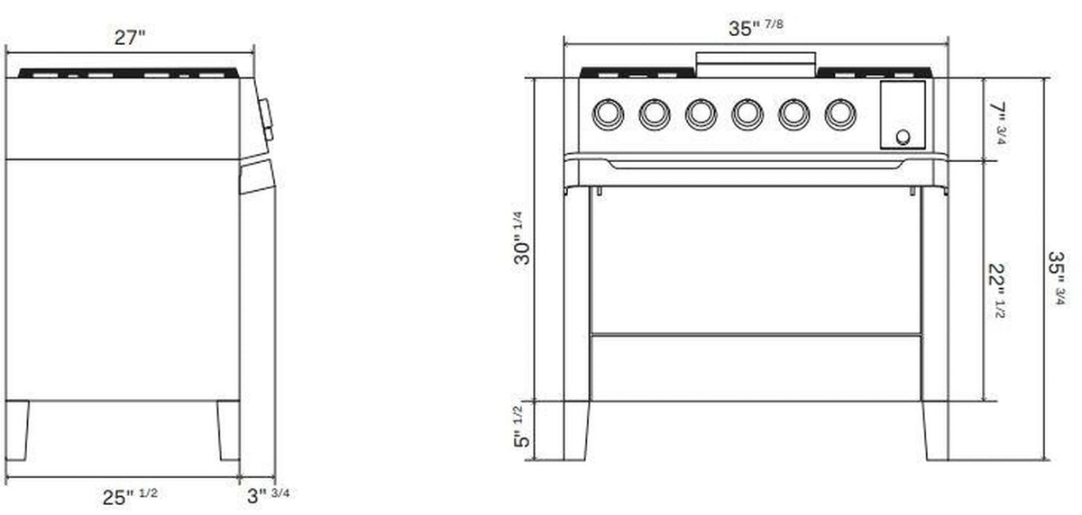 Dual-fuel range dimension diagram with front width, depth, and height measurements