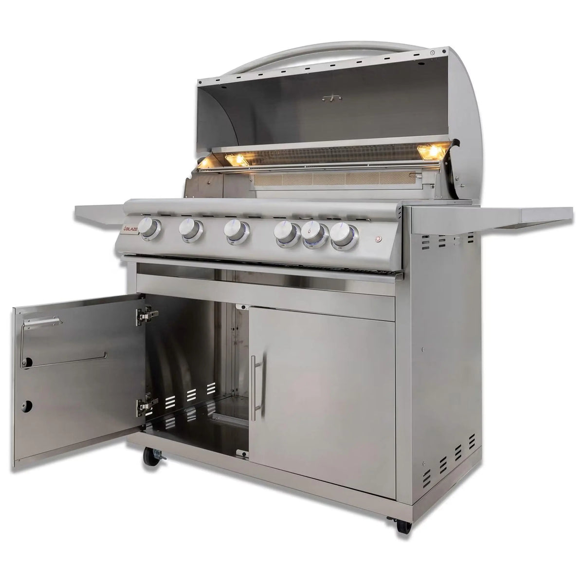 Stainless steel freestanding 5-burner gas grill with open hood and control knobs