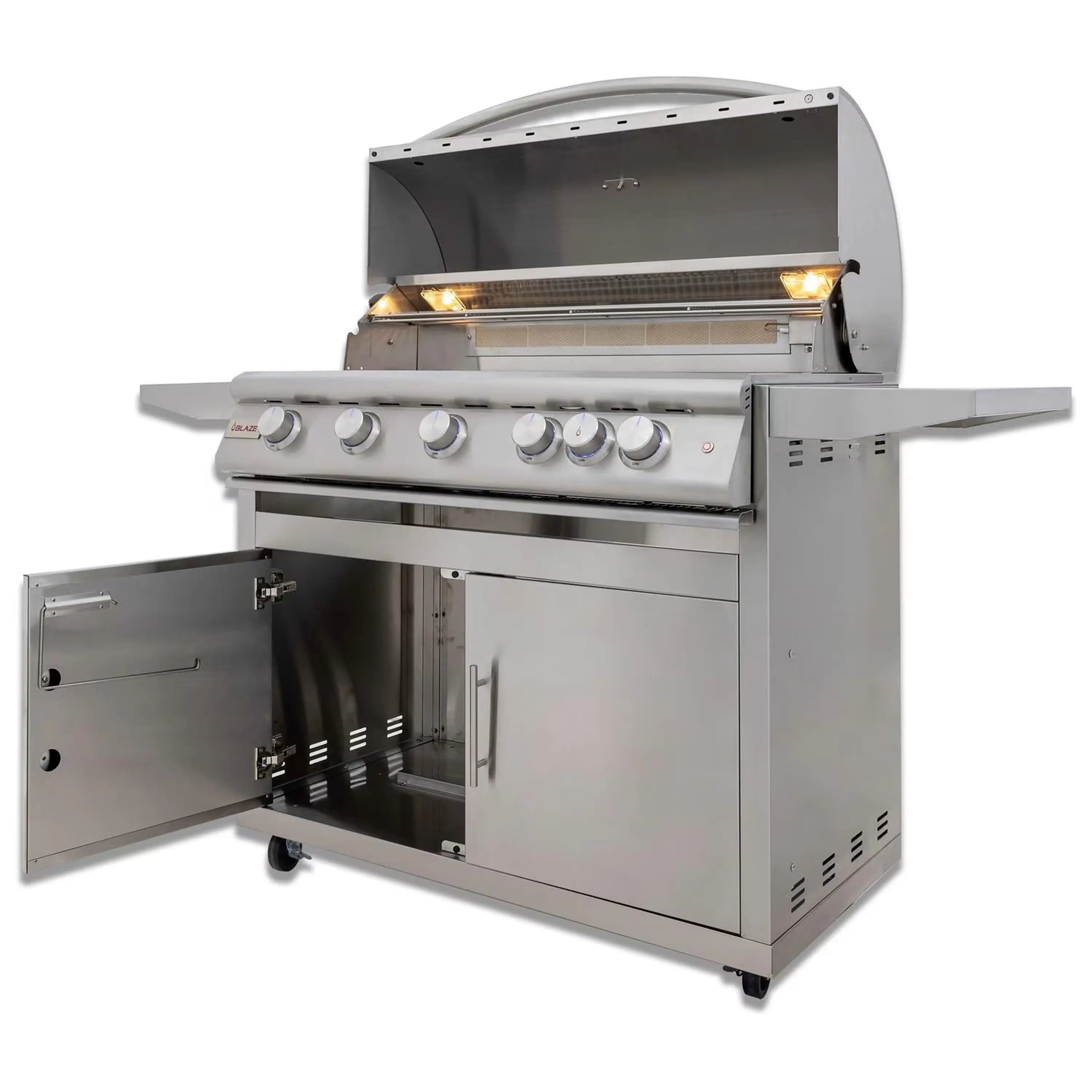 Stainless steel natural gas grill with open cabinet doors and lid raised over burners