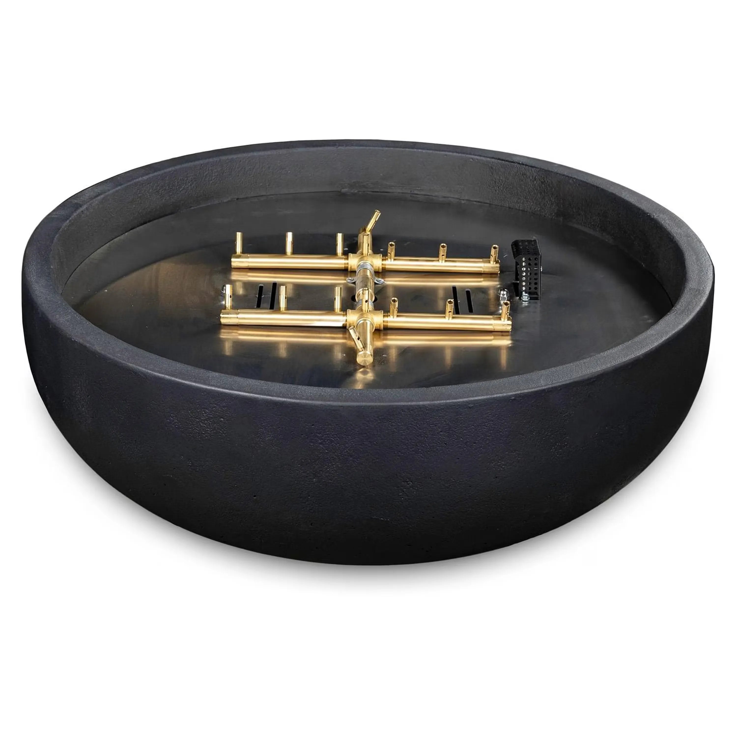 Round black concrete fire bowl with brass burner assembly inside