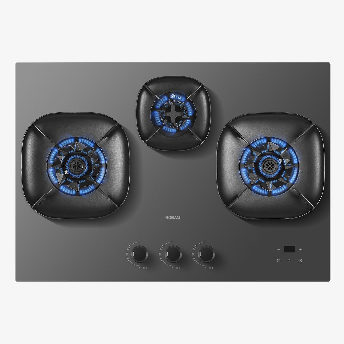 Black tempered glass 3-burner gas cooktop with blue flame rings and control knobs