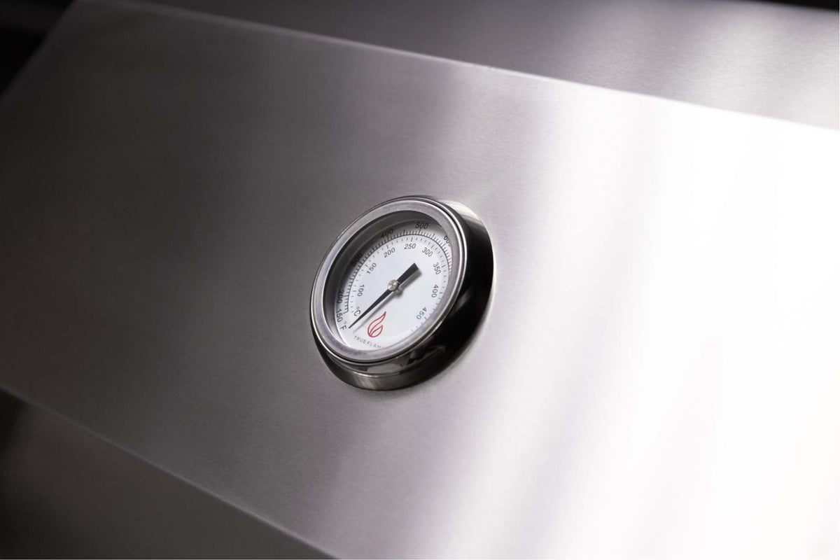 Stainless built-in propane gas grill temperature gauge on control panel