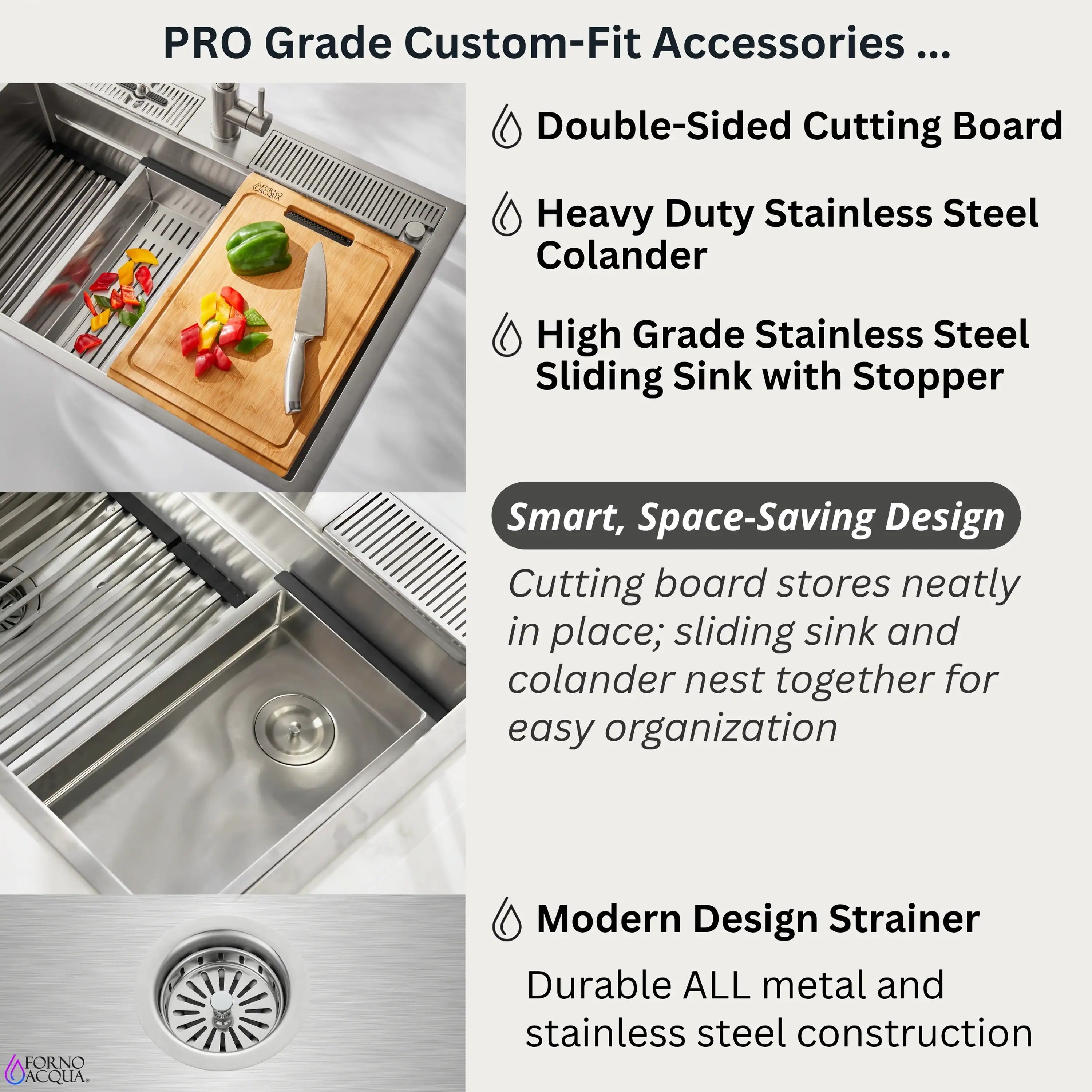 Stainless workstation accessories: cutting board, sliding sink with stopper, colander