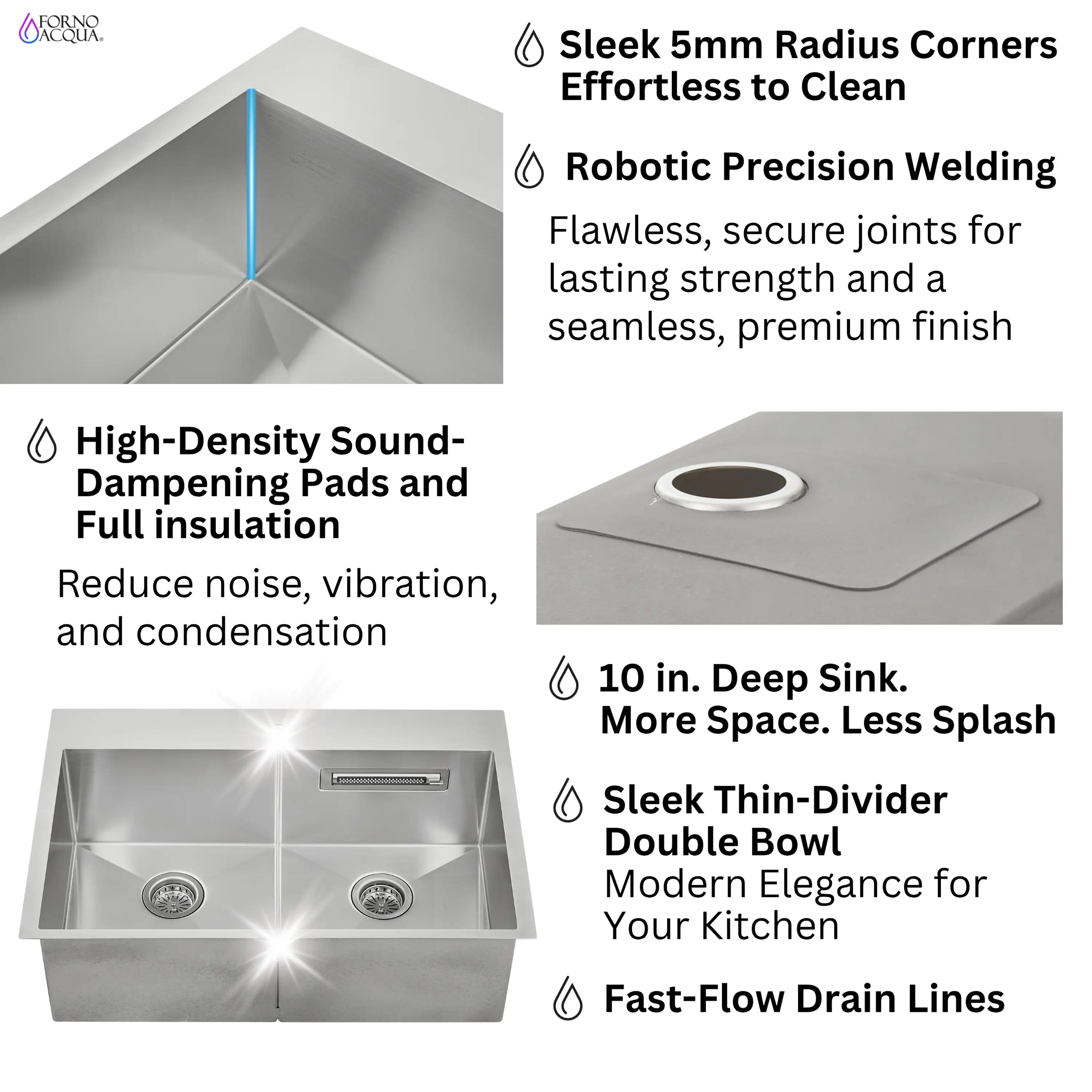 Stainless steel sink features: radius corners, divider, and sound-dampening pads