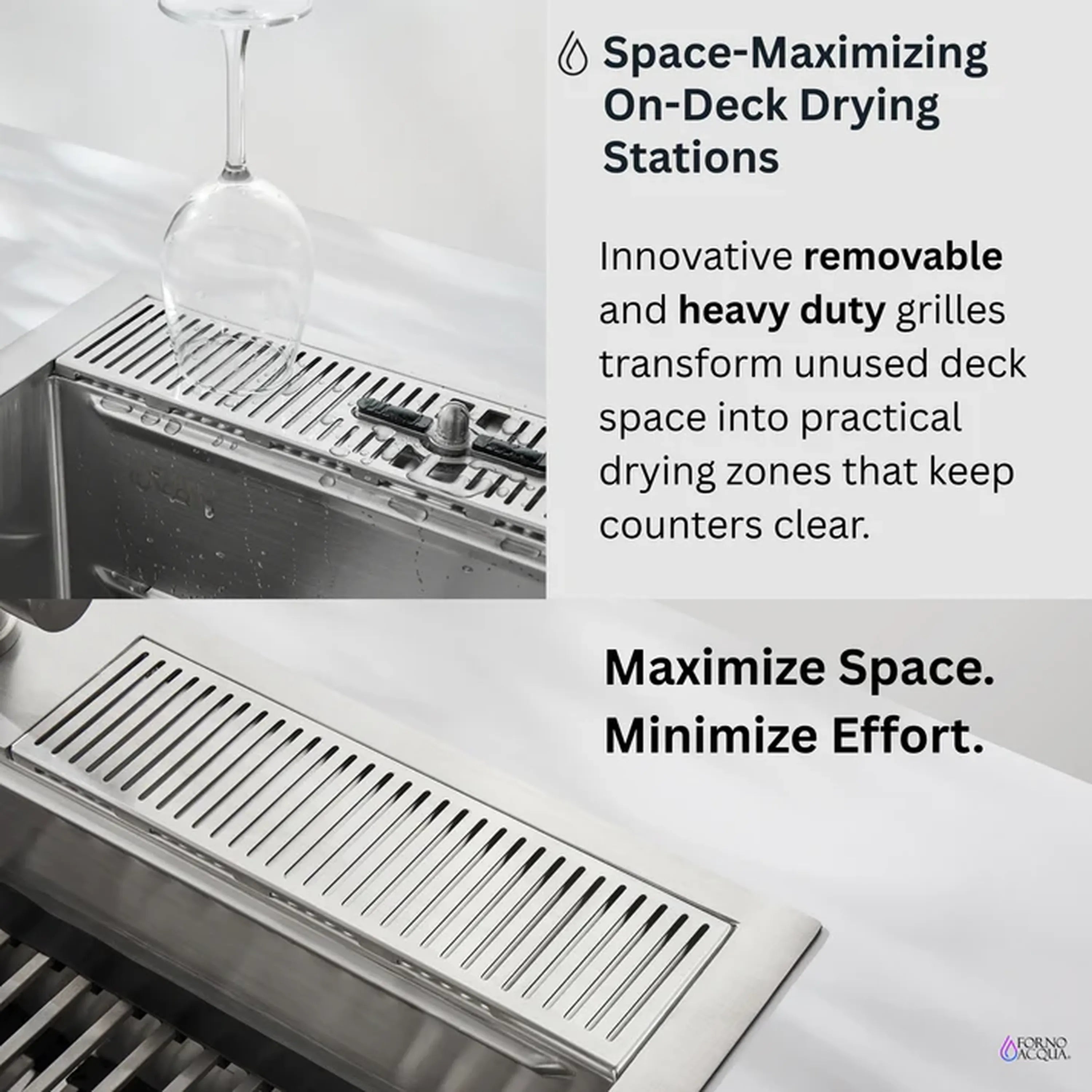 On-deck drying station with removable draining grilles along the sink edge