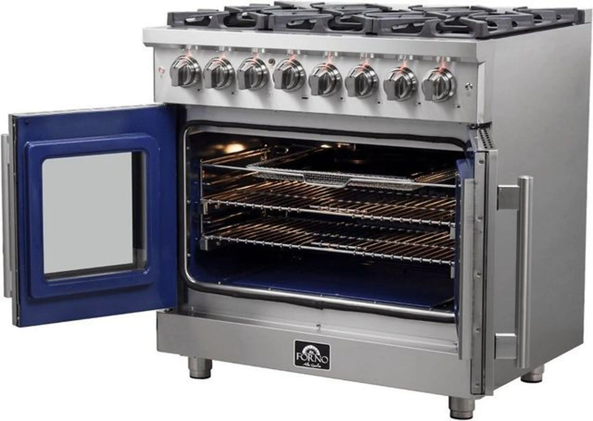 Dual fuel range with open ovens and wire oven racks inside