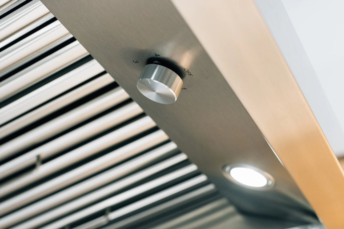 Stainless steel vent hood with side control knob and interior light