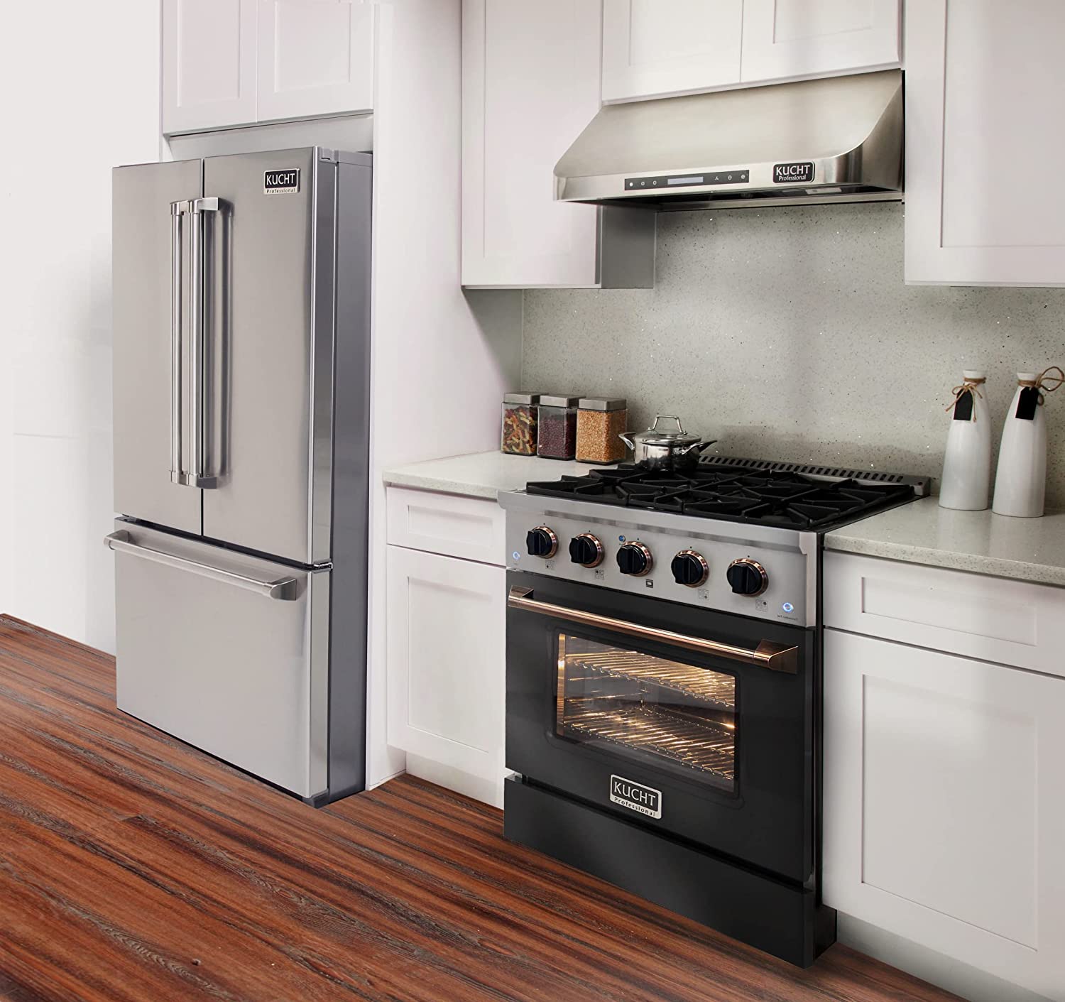 Black propane gas range with convection oven and gold handle, featuring black control knobs