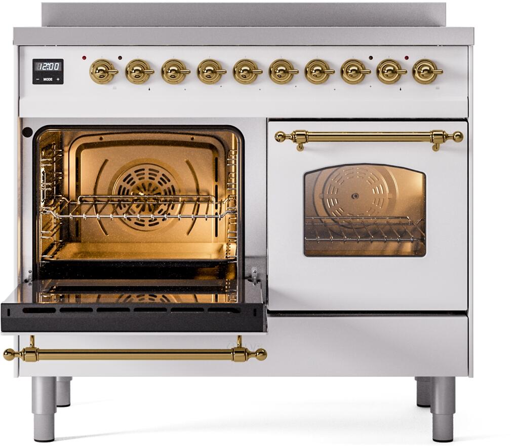 Freestanding induction range with open left oven cavity and closed right oven door