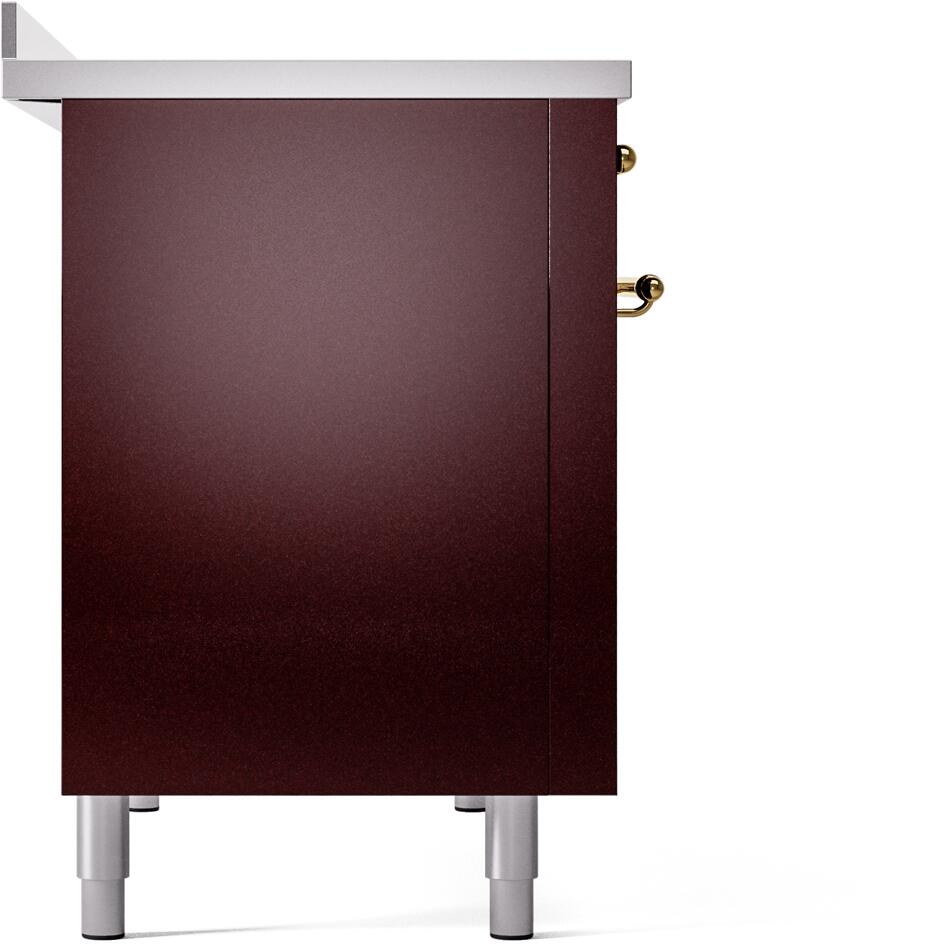 Burgundy side panel of freestanding electric induction range with adjustable legs