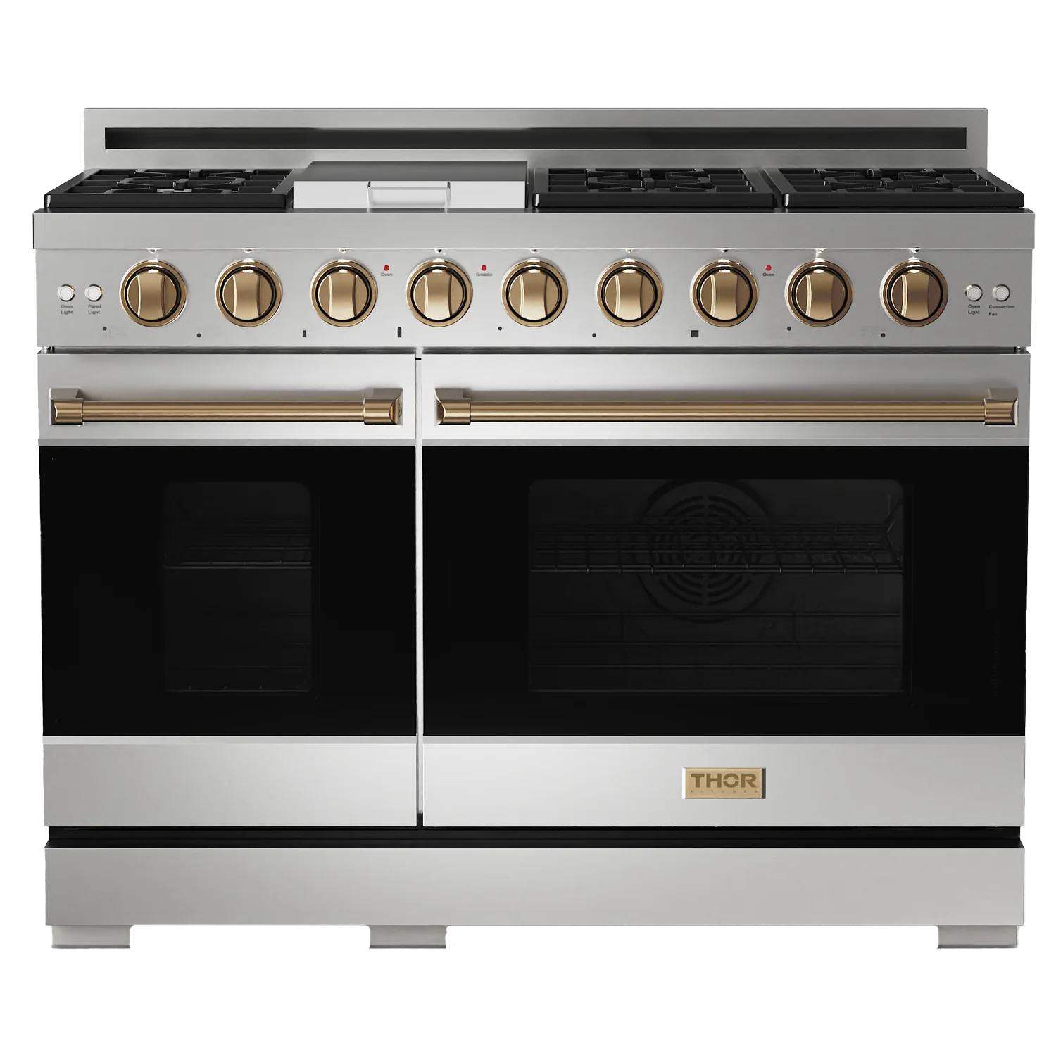 Stainless steel natural gas range with bronze pro-style knobs and double oven doors