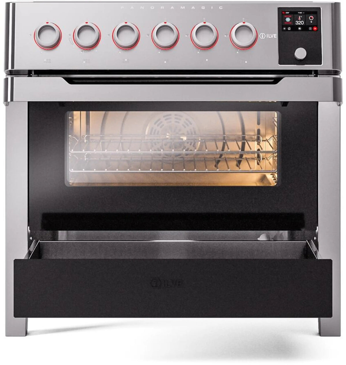 Stainless electric induction range with open oven window, top controls and warming drawer
