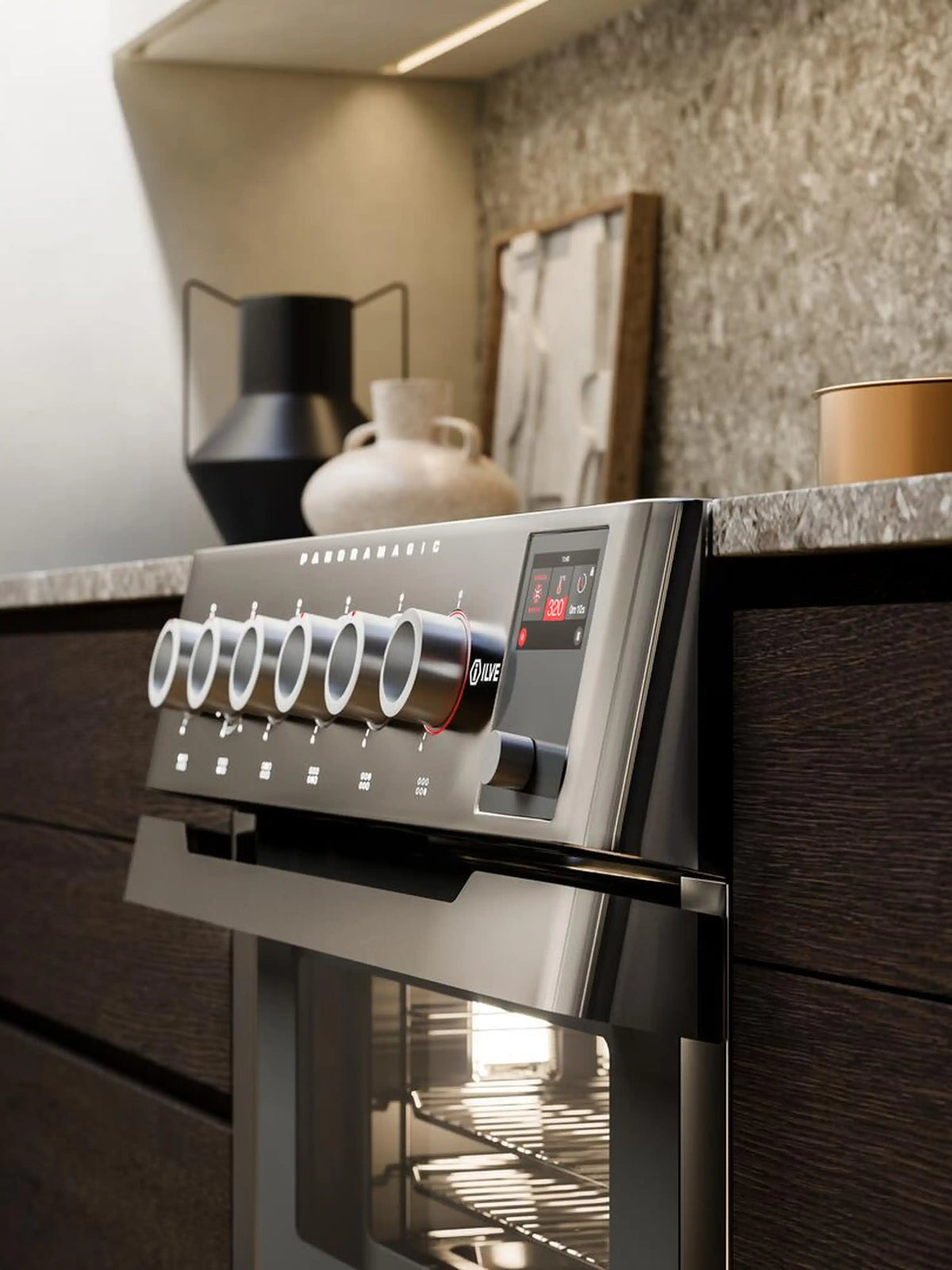 Stainless control panel and oven front with cooktop knobs and open door window