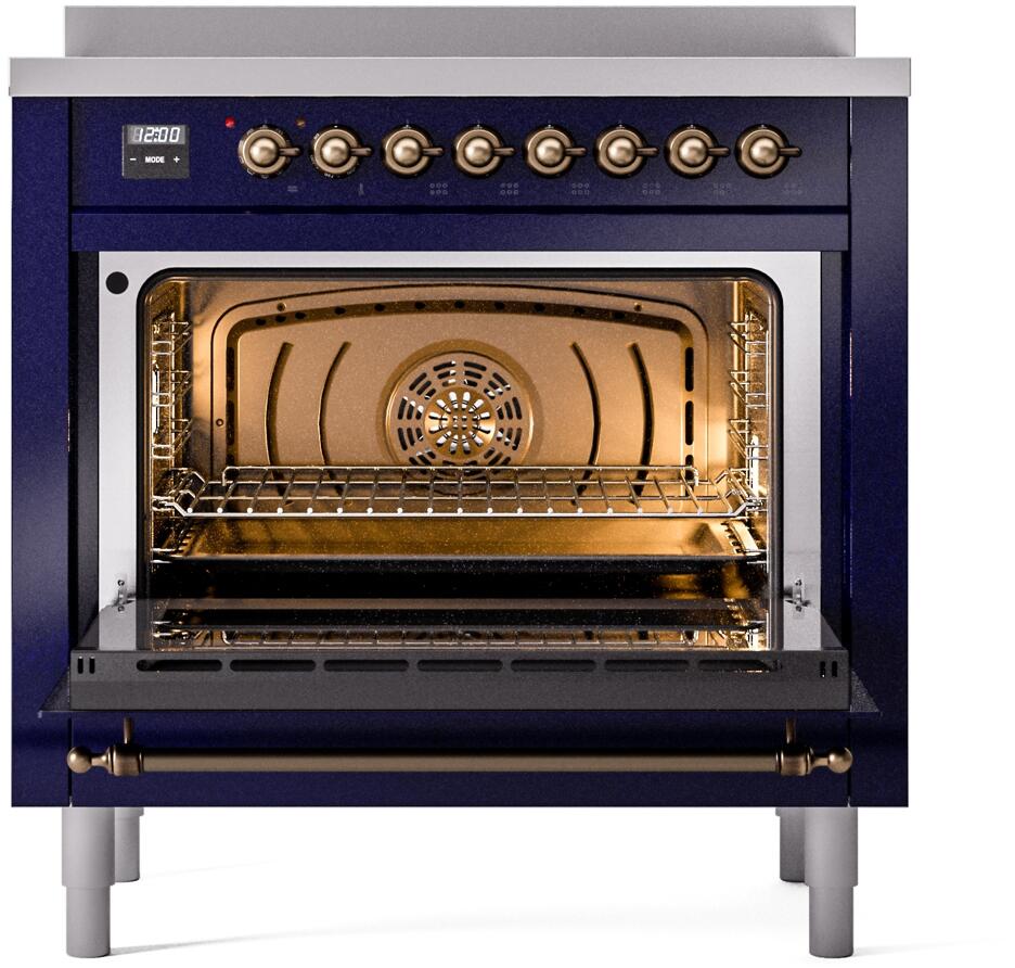 Midnight blue induction range with open oven and metal racks inside