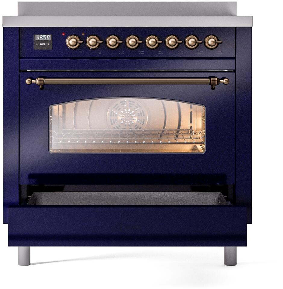 Midnight blue electric induction range with bronze control knobs and closed oven window