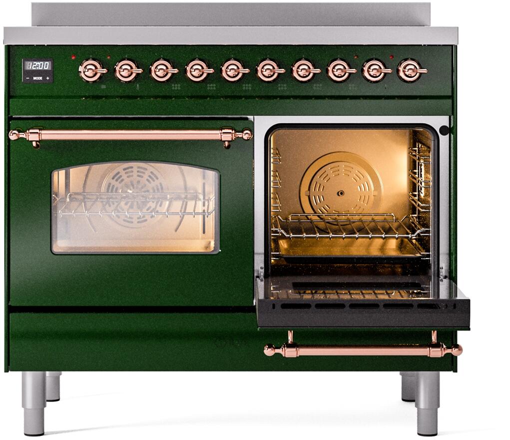 Emerald green induction range with one oven open and glass door window visible