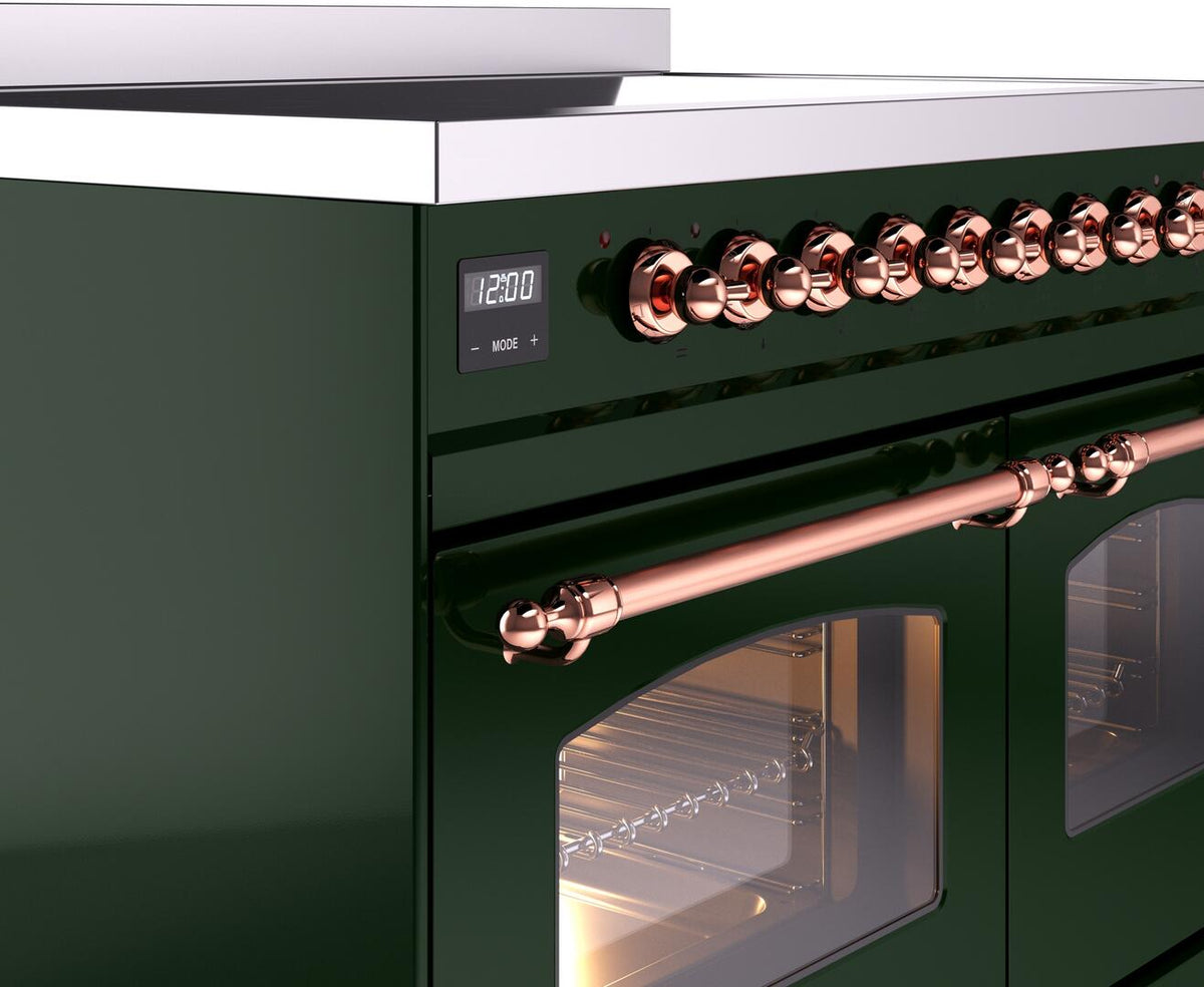 Copper control knobs and handle on emerald green induction range with digital display