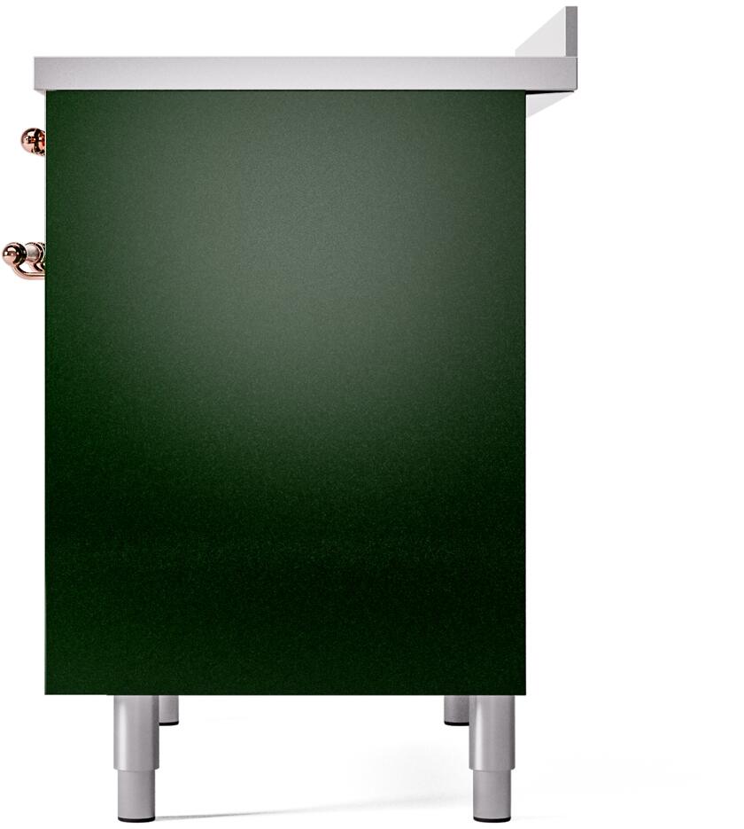 Emerald green side panel with leveling feet on freestanding induction range