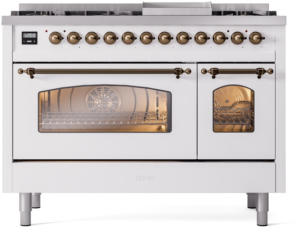 White dual fuel range with both oven doors open, bronze controls and illuminated interiors.