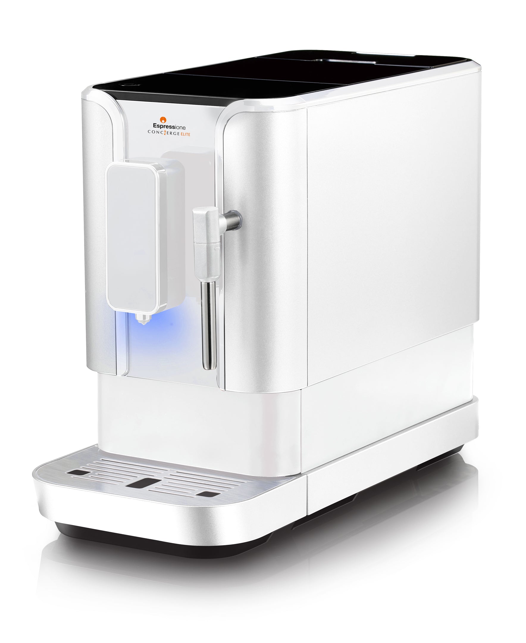 Diamond white fully automatic bean to cup espresso machine, front view with side lever