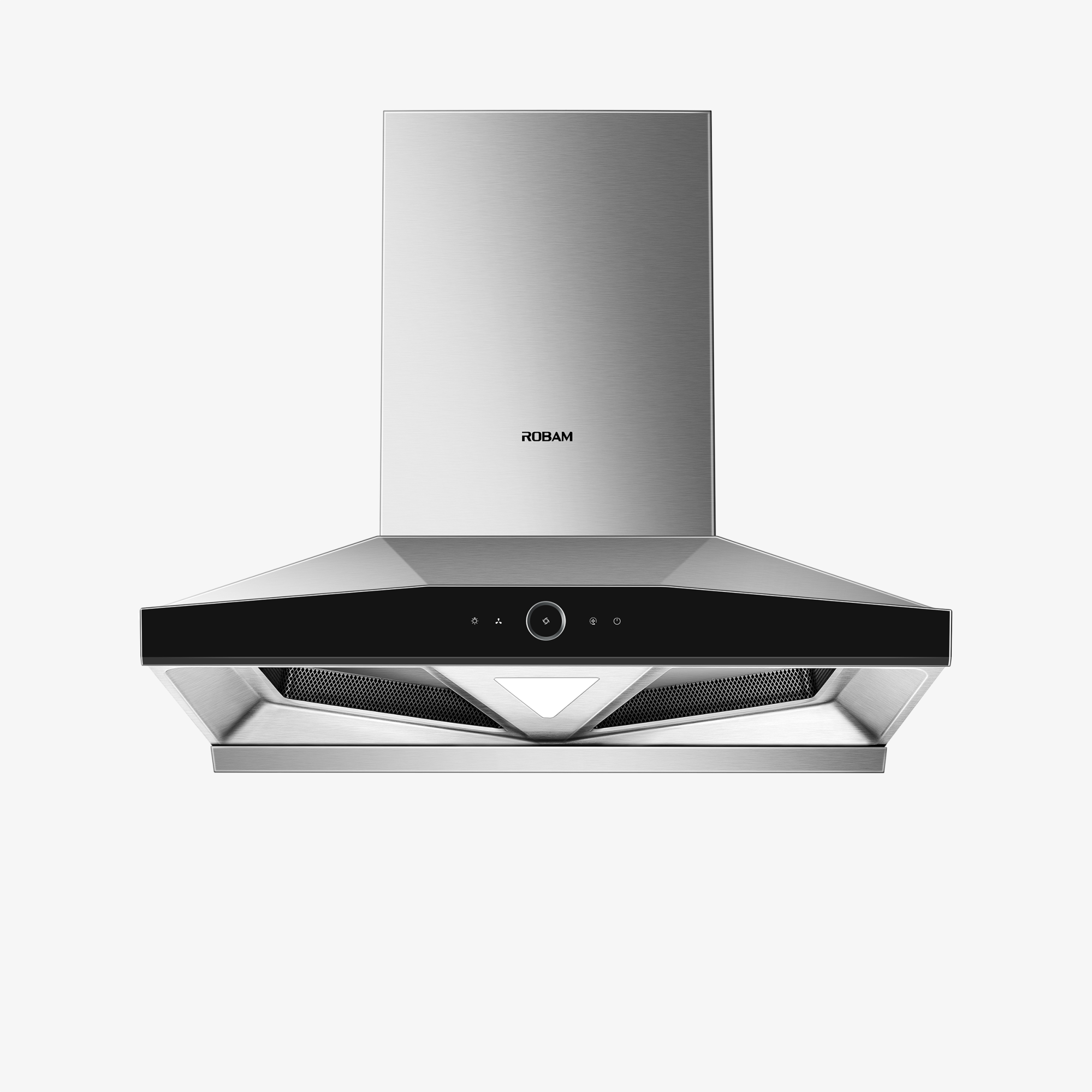 Stainless steel wall mount range hood with chimney top and mesh filter grilles, centered view