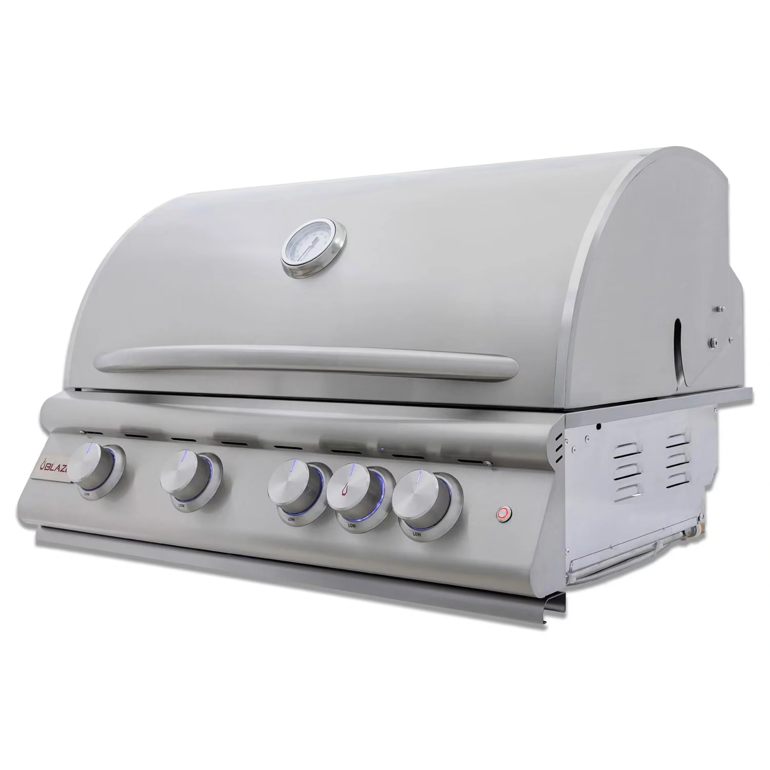 Stainless steel natural gas grill with side panel access and front control knobs
