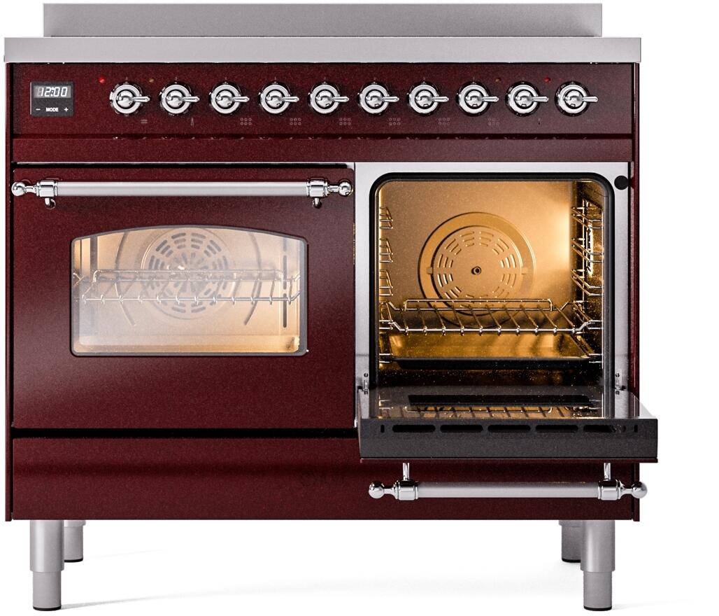 Burgundy freestanding electric induction range with two open oven doors and illuminated interiors