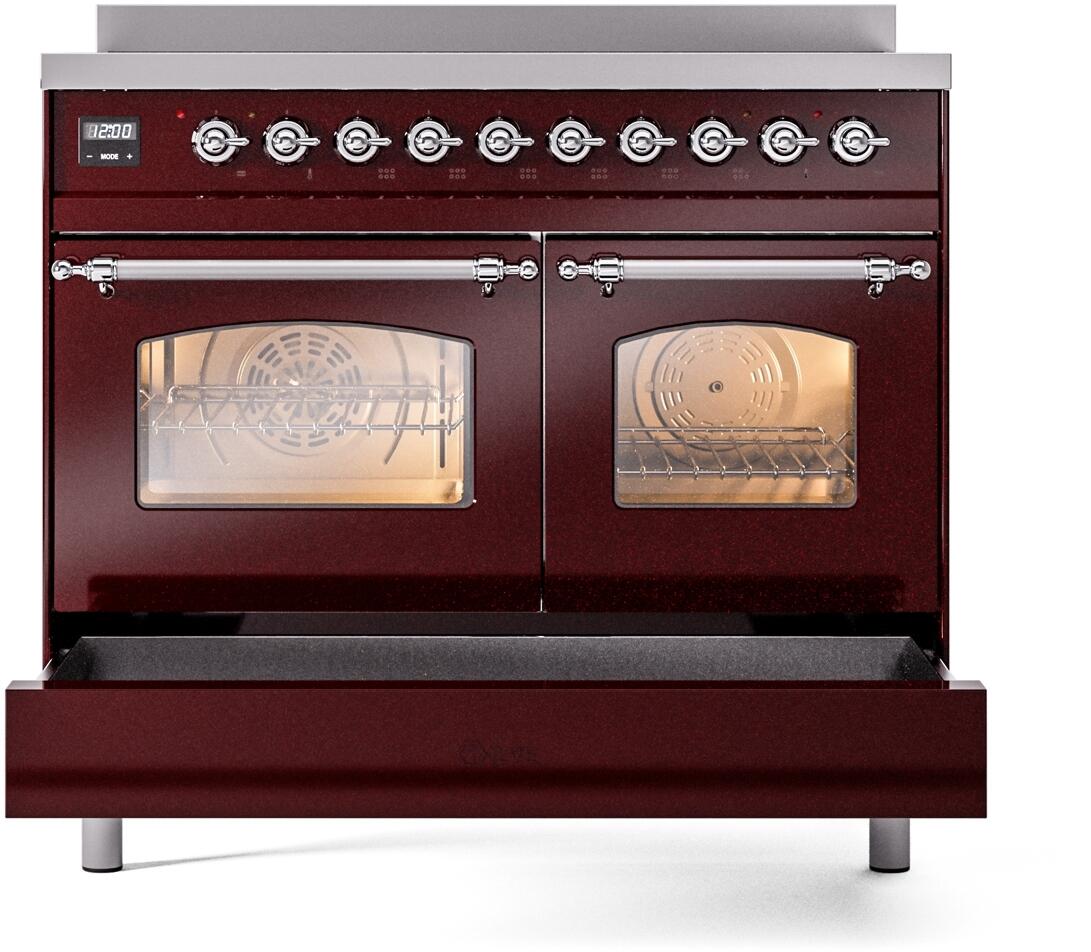 Burgundy freestanding electric induction range with both oven doors closed and chrome handles