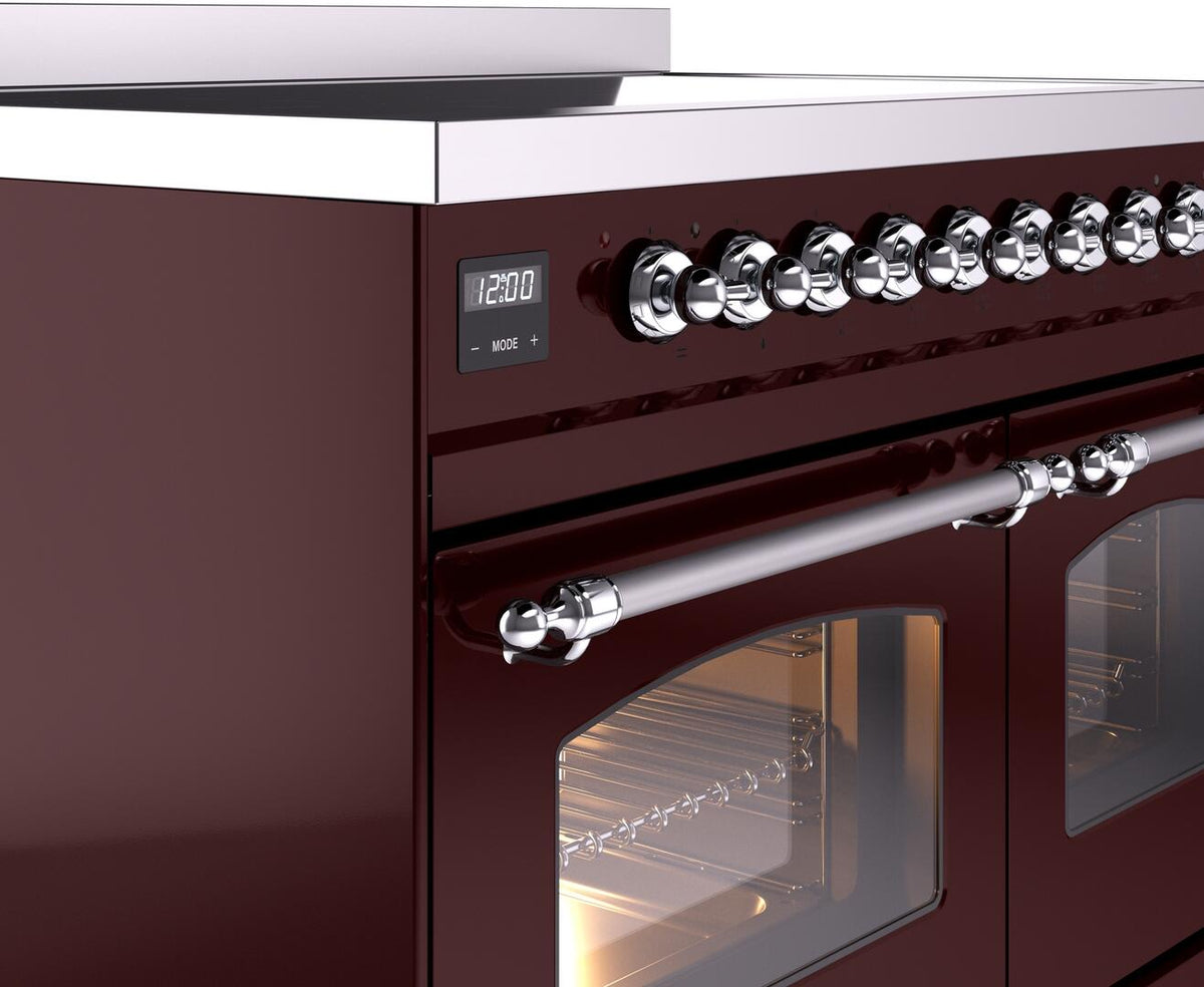 Burgundy control panel with chrome knobs and chrome handle over a windowed oven door