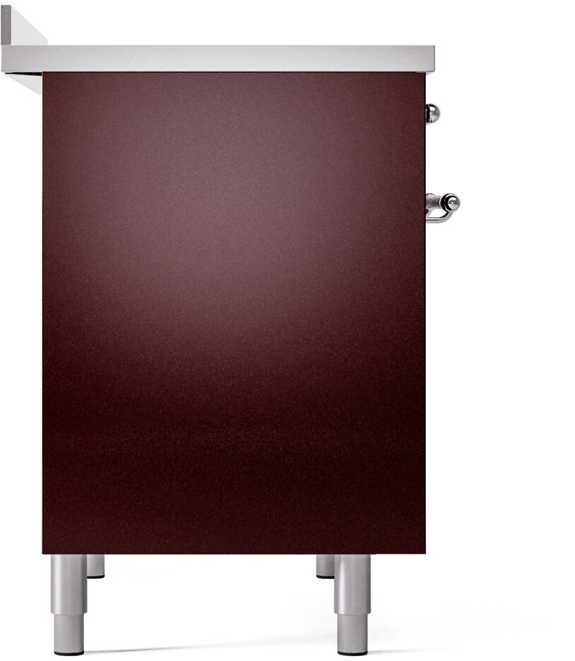 Burgundy side panel of a freestanding electric induction range with leveling feet