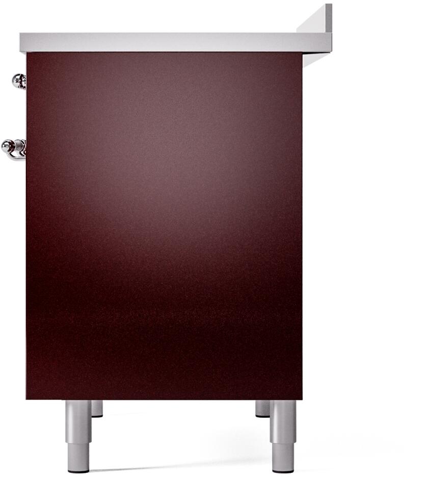 Burgundy side panel of a freestanding electric induction range with rear-mounted hardware