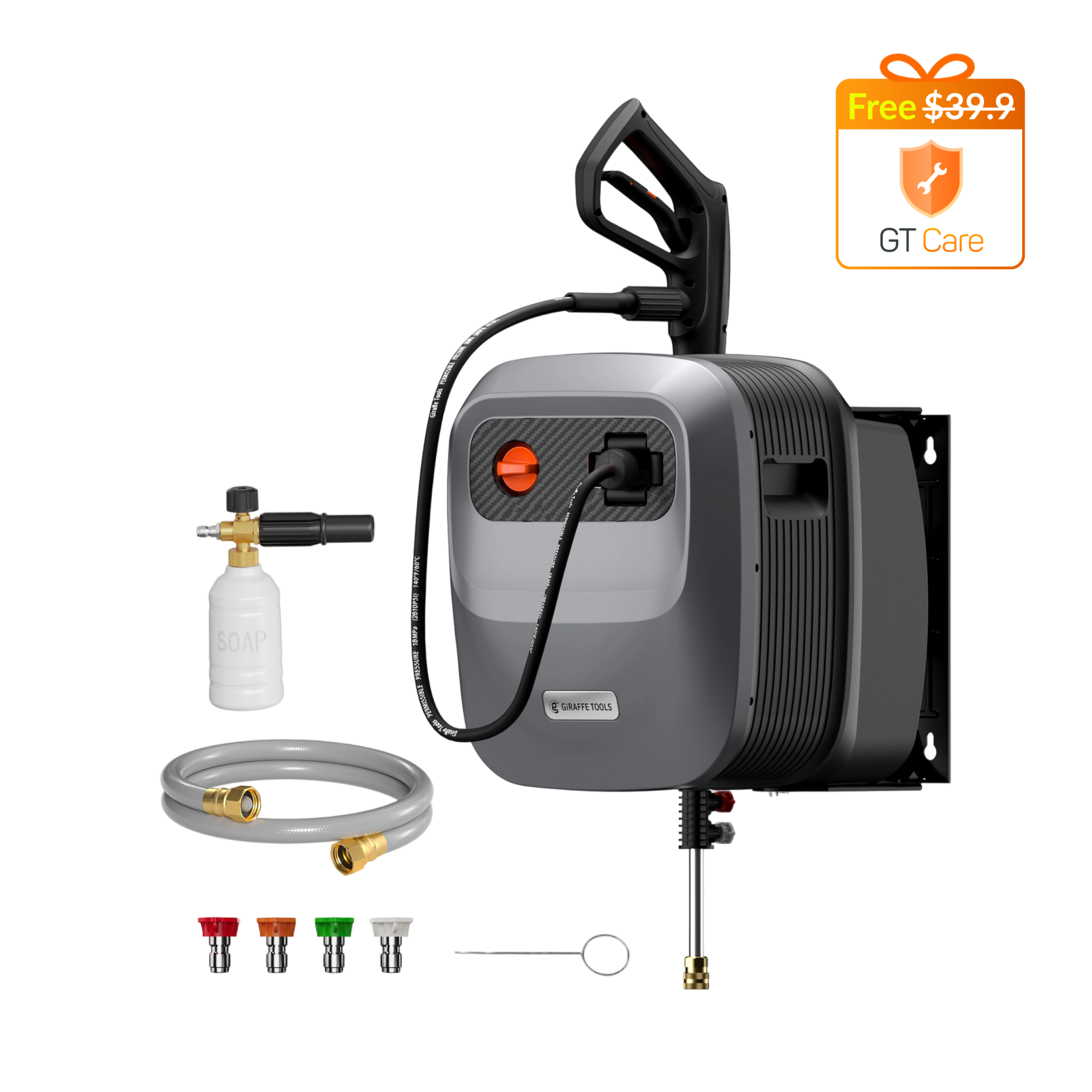 Wall-mounted retractable pressure washer unit with soap bottle, hose, and quick-connect nozzles