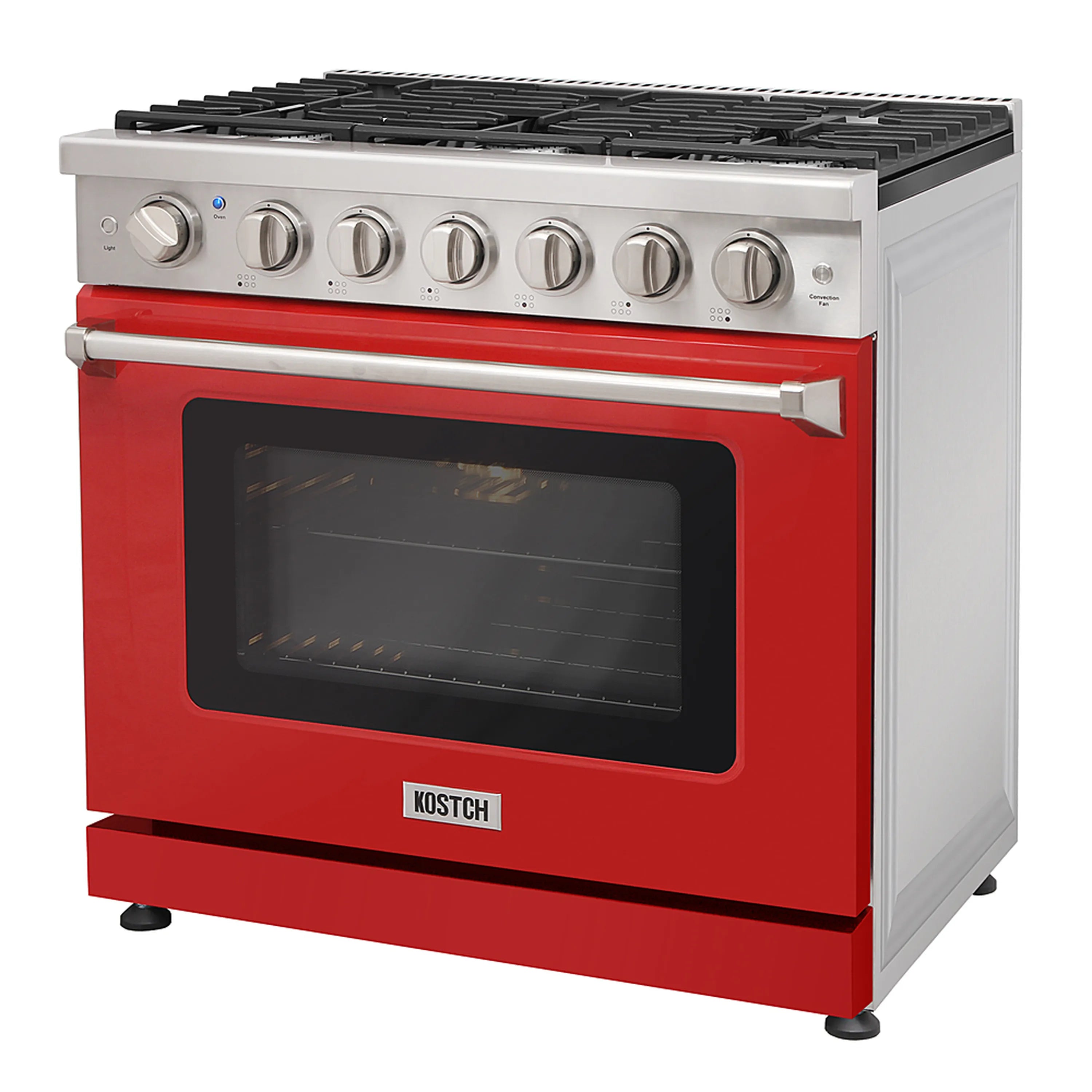 Red and stainless propane gas range with glass oven door and six burner knobs