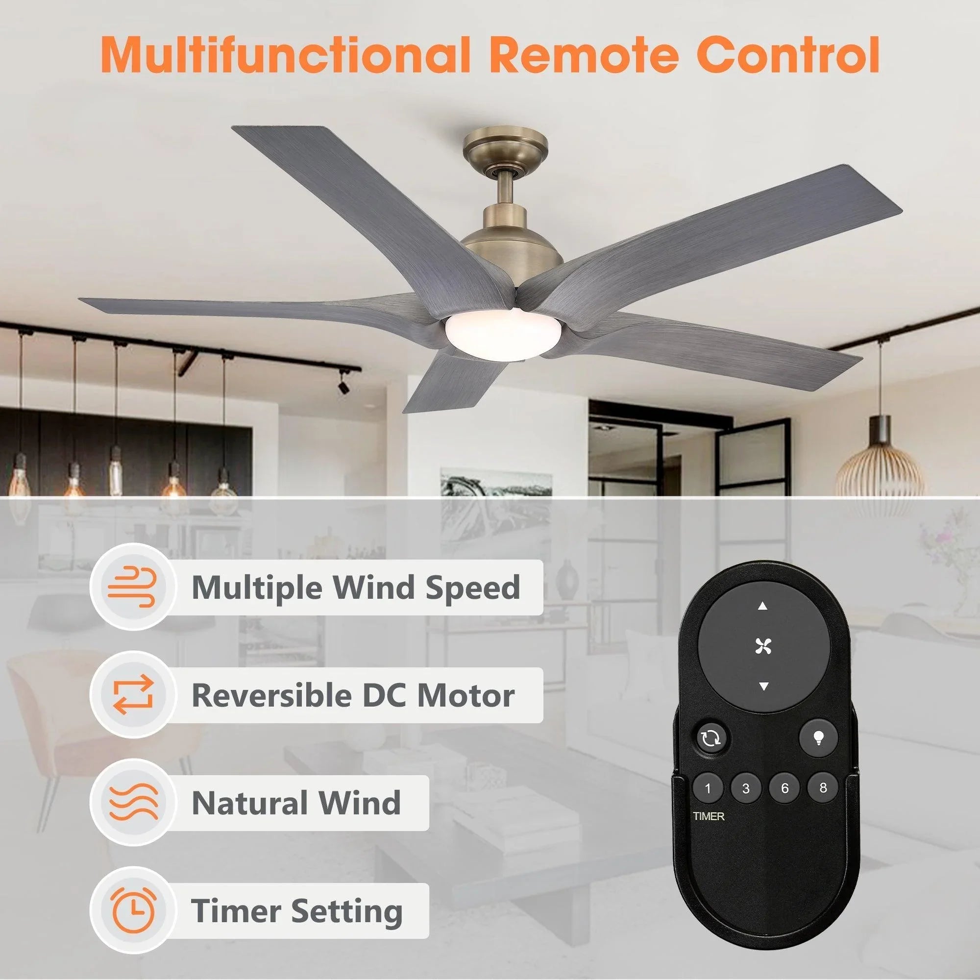 Ceiling fan with reversible DC motor, integrated light, and included handheld remote control