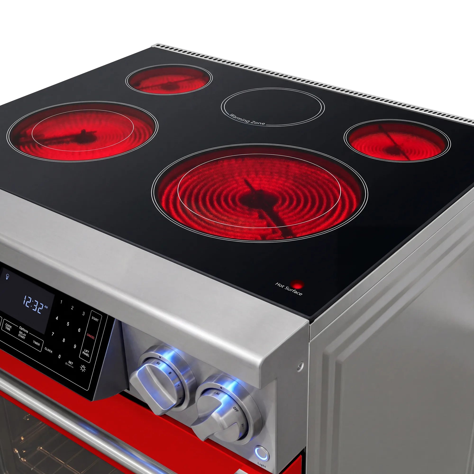Red electric range cooktop with five glowing heating elements and black glass surface