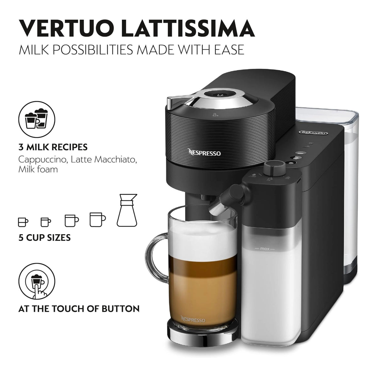 Black Nespresso Vertuo coffee machine with milk frother and carafe