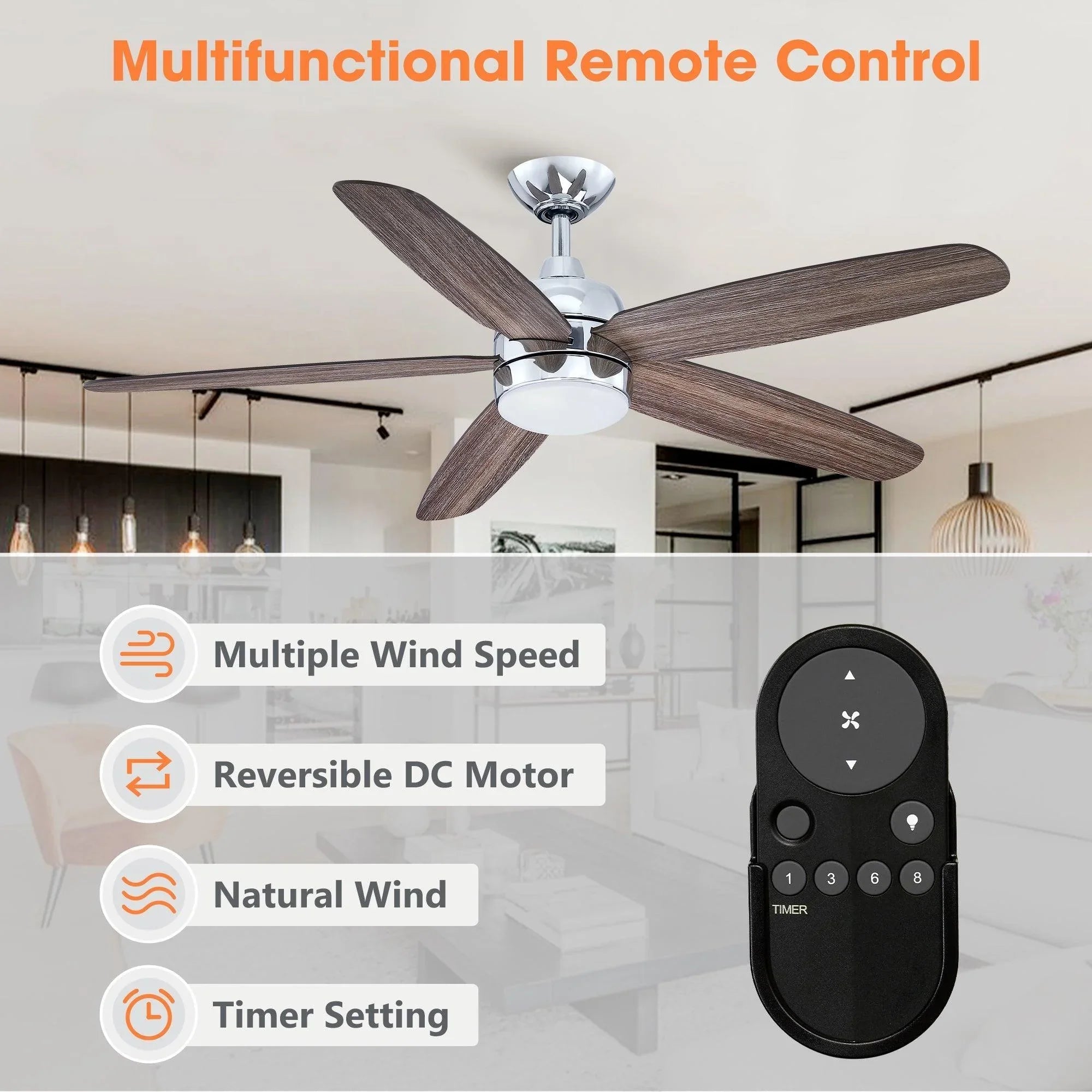 Farmhouse ceiling fan with chrome downrod, dark wood blades, and included remote control