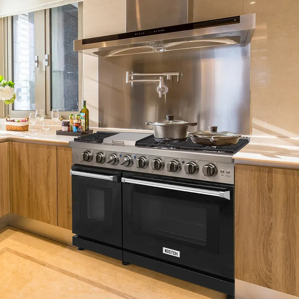 Stainless and black propane gas range with six-burner cooktop and oven doors