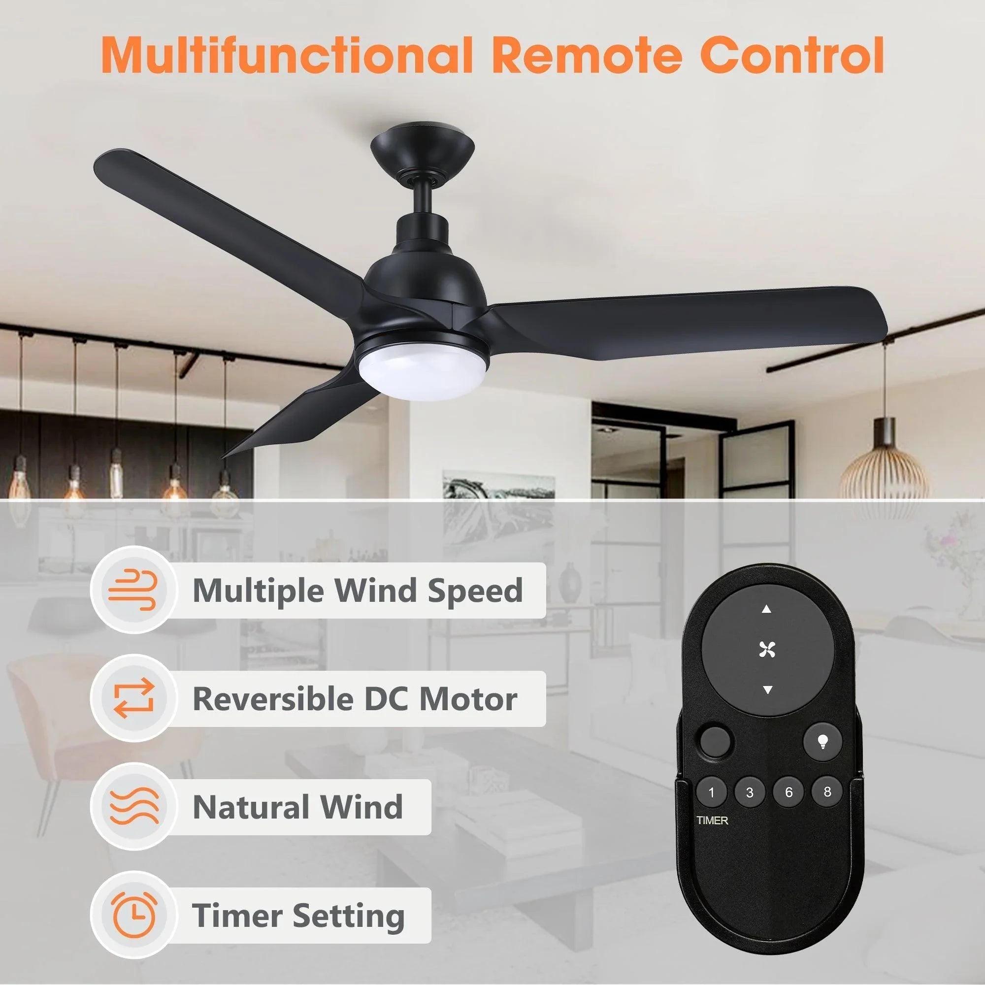 Black ceiling fan with LED light and included remote control