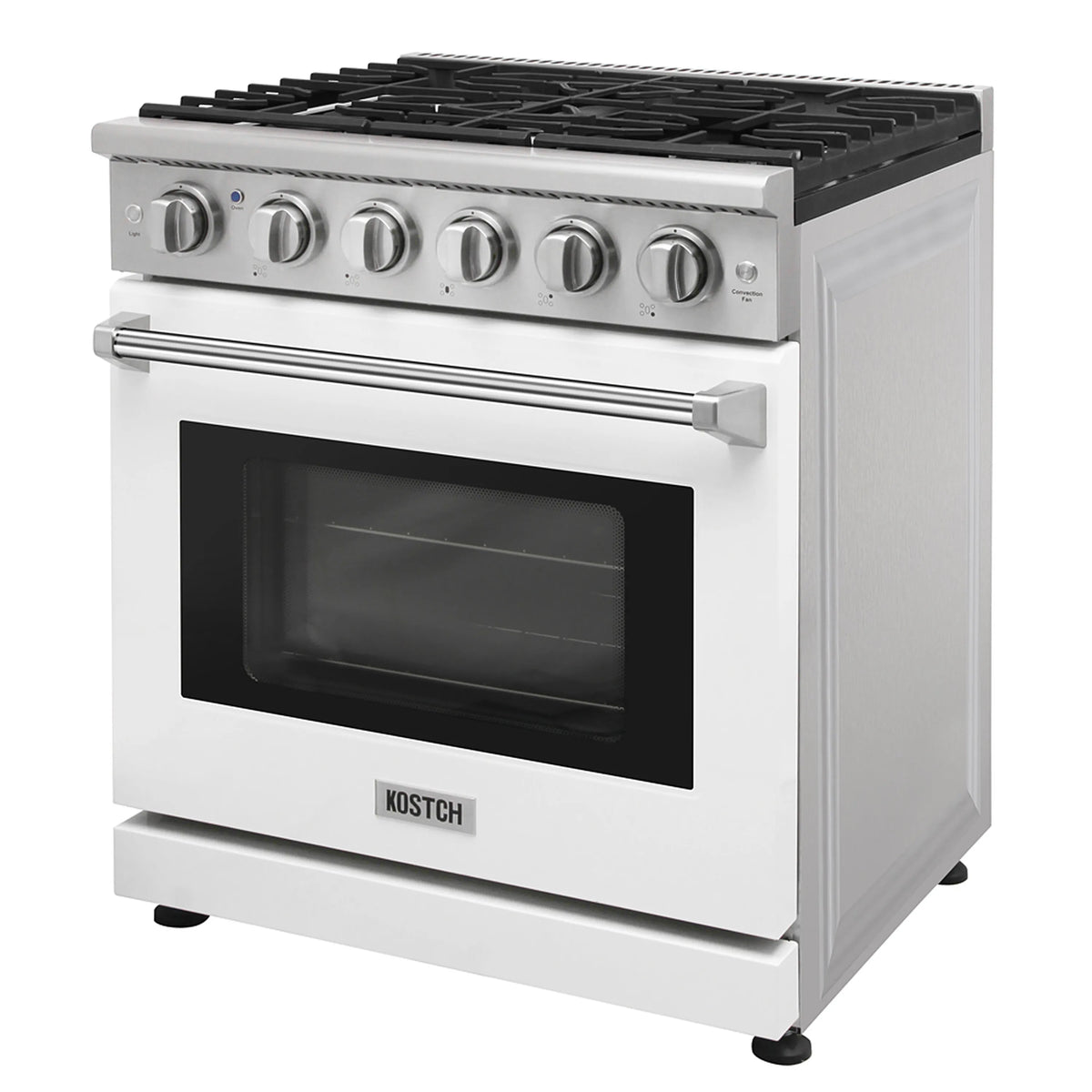 White 30-inch gas range with 5 burners, closed oven door and control knobs