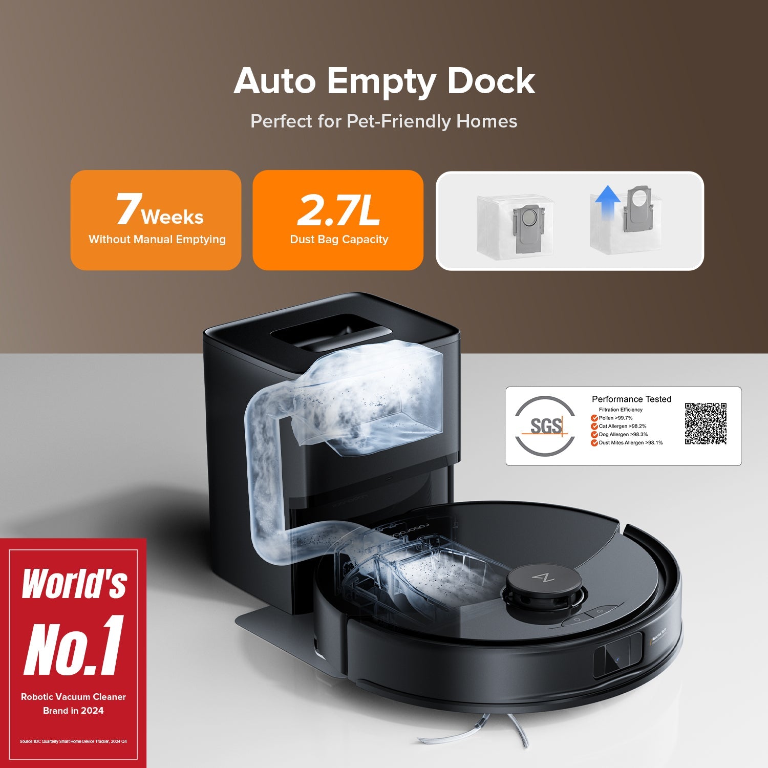 Black robot vacuum with open auto-empty dock bin, showing dust emptying